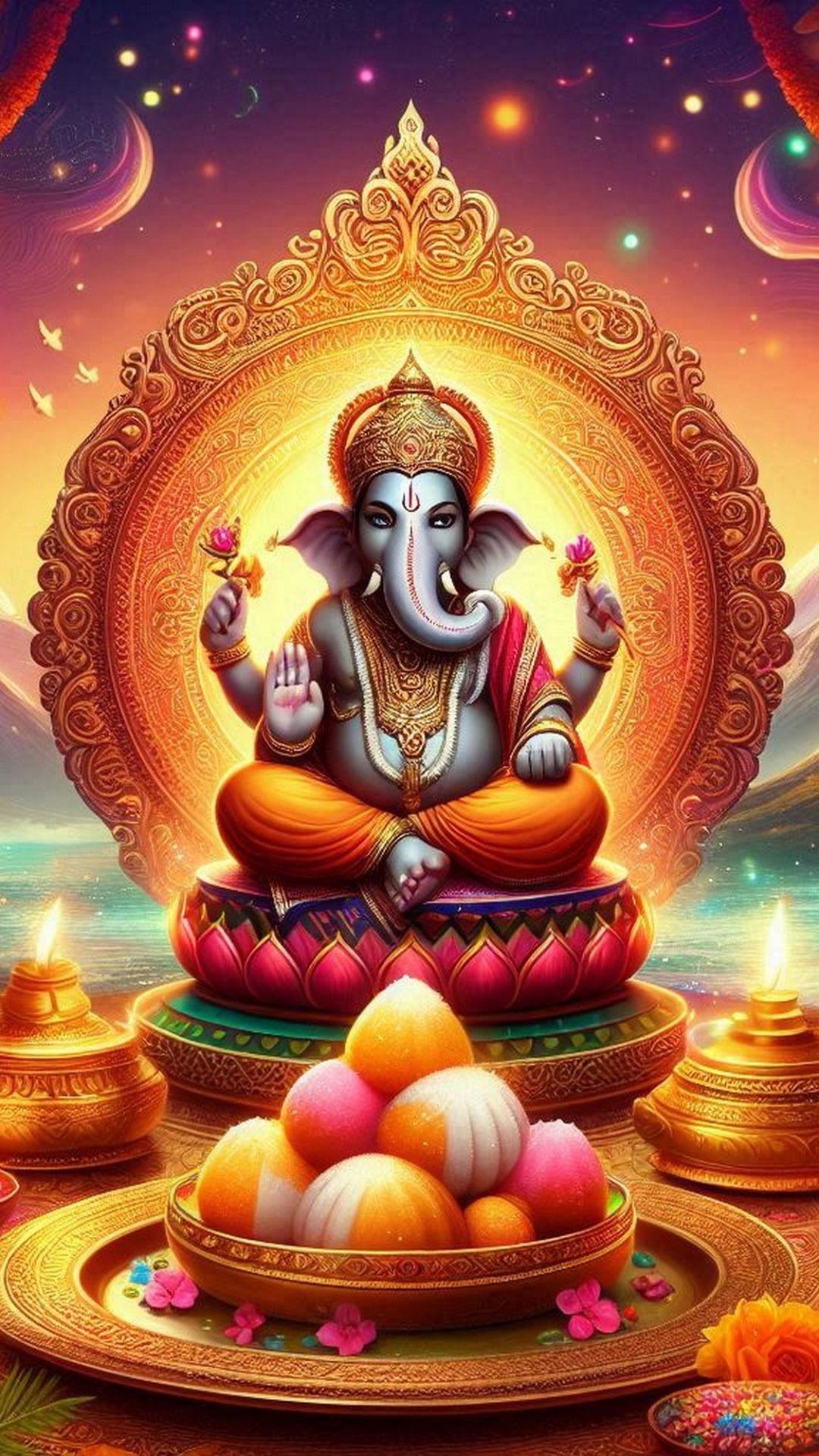 Lord Ganesha with modaks and halo.