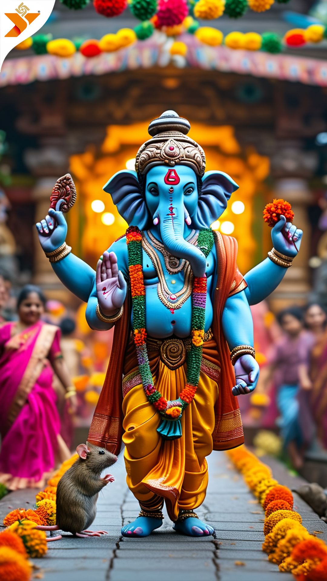 Lord Ganesha with mouse and flowers