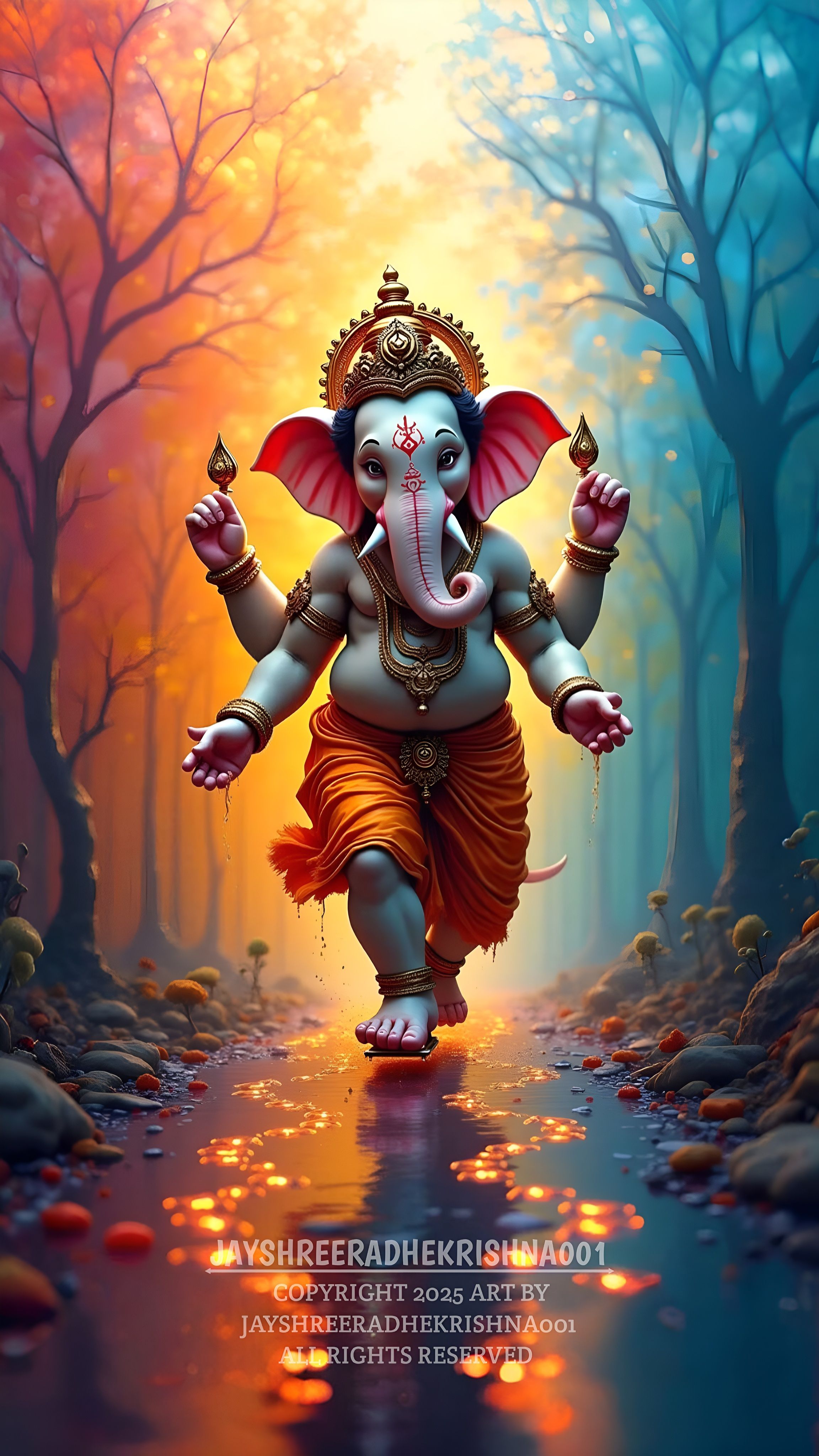 Lord Ganesha walking in a magical forest