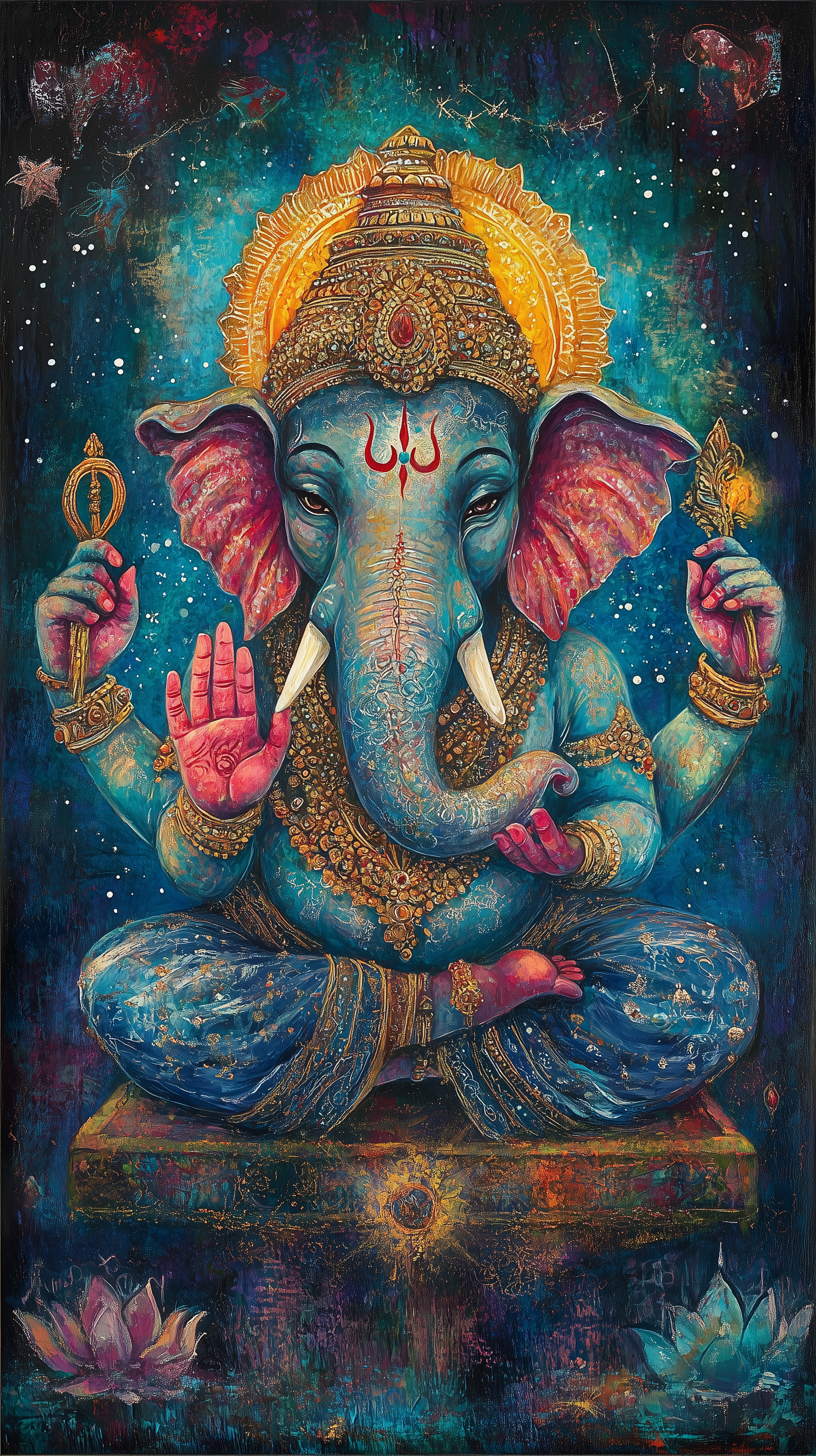 Blue Ganesha sits amidst a starry sky.