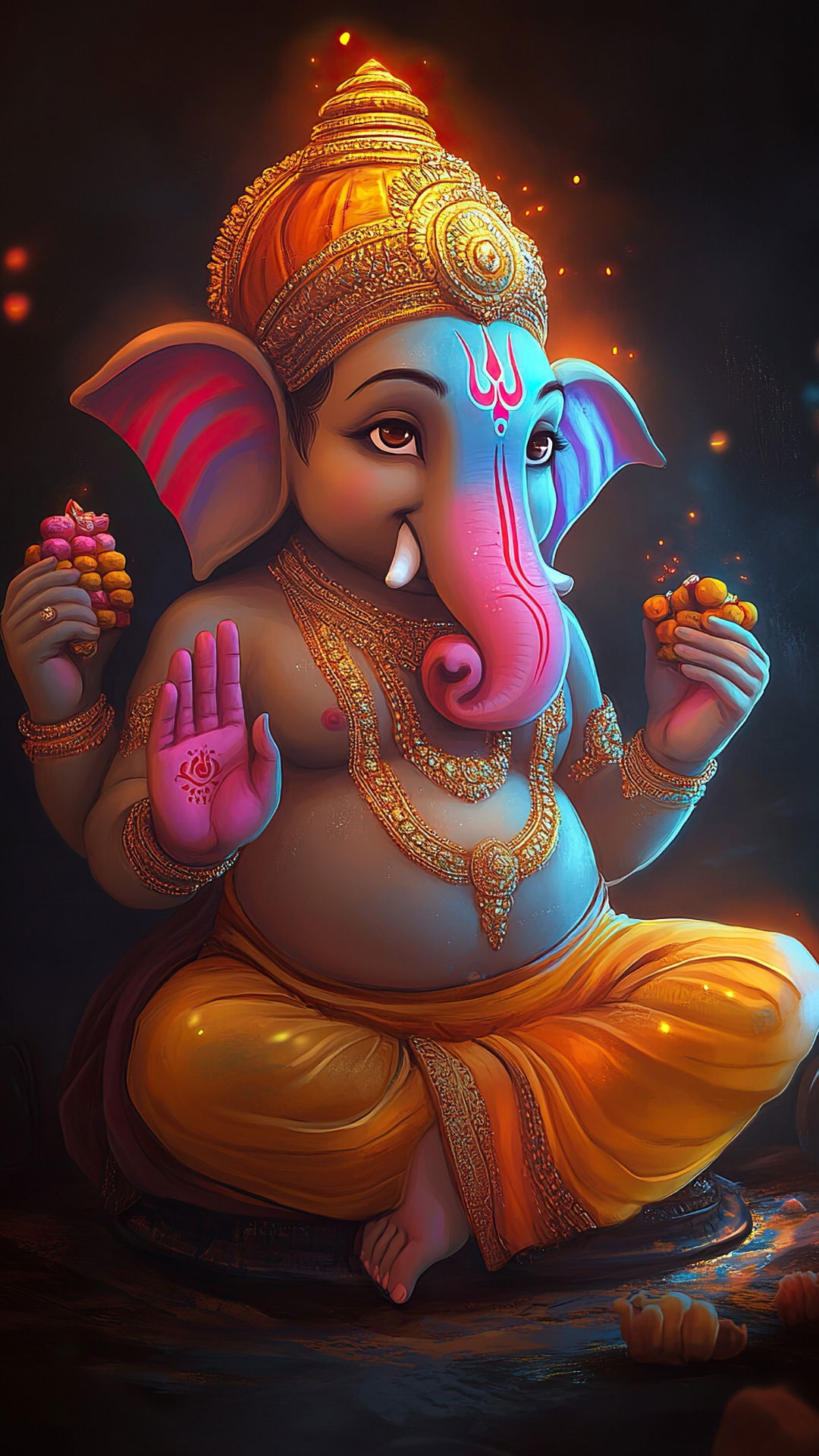 Lord Ganesha offering blessings and modak.