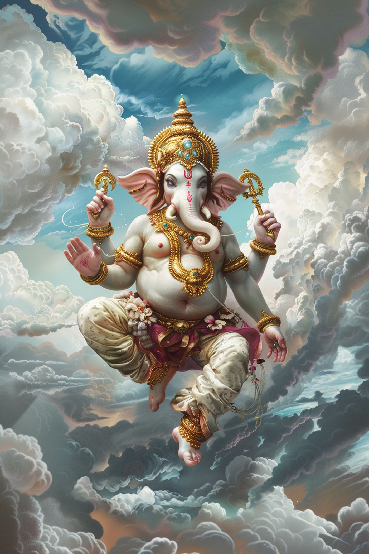 Lord Ganesha amidst swirling heavenly clouds