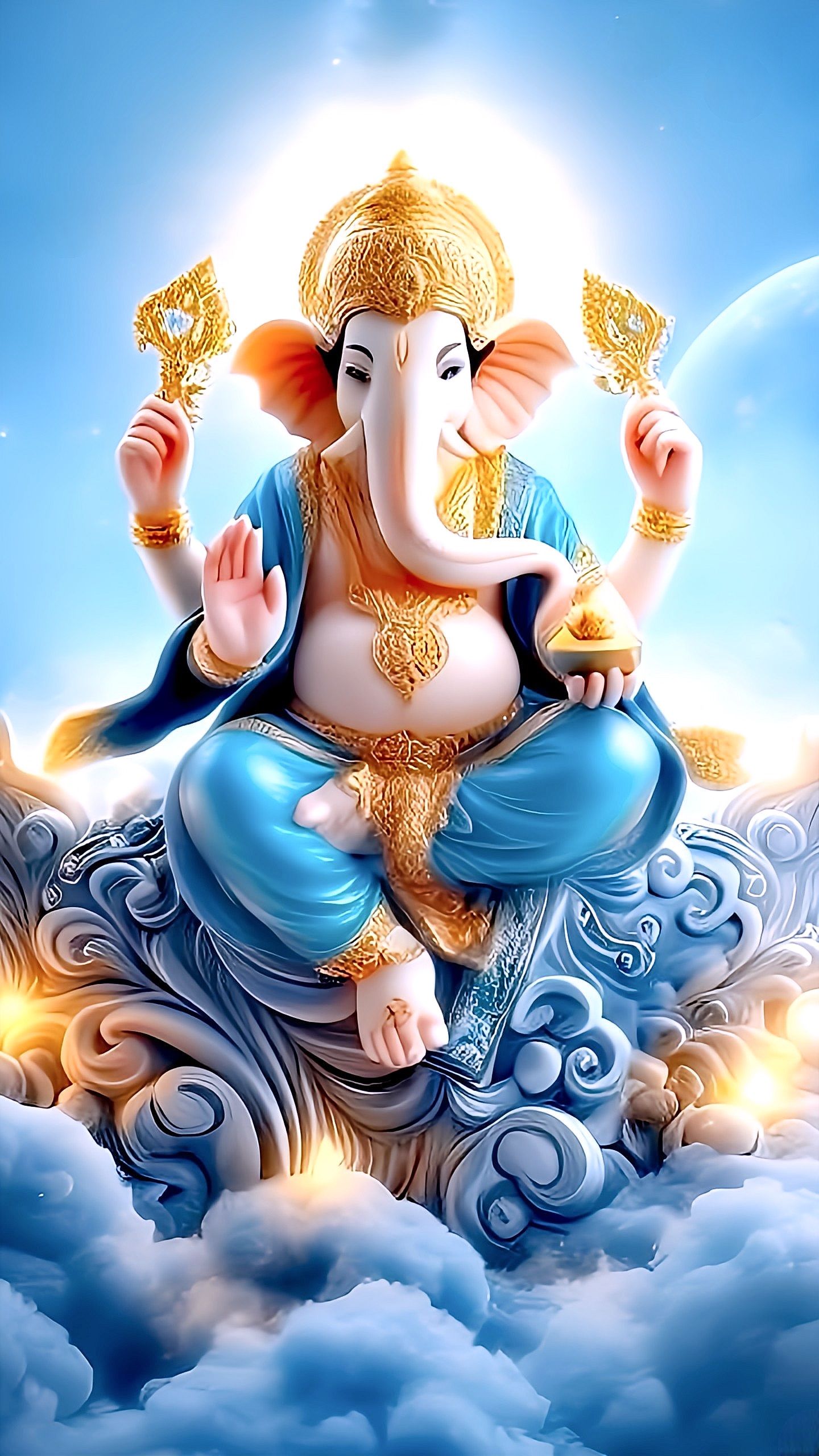 Lord Ganesha seated on clouds.
