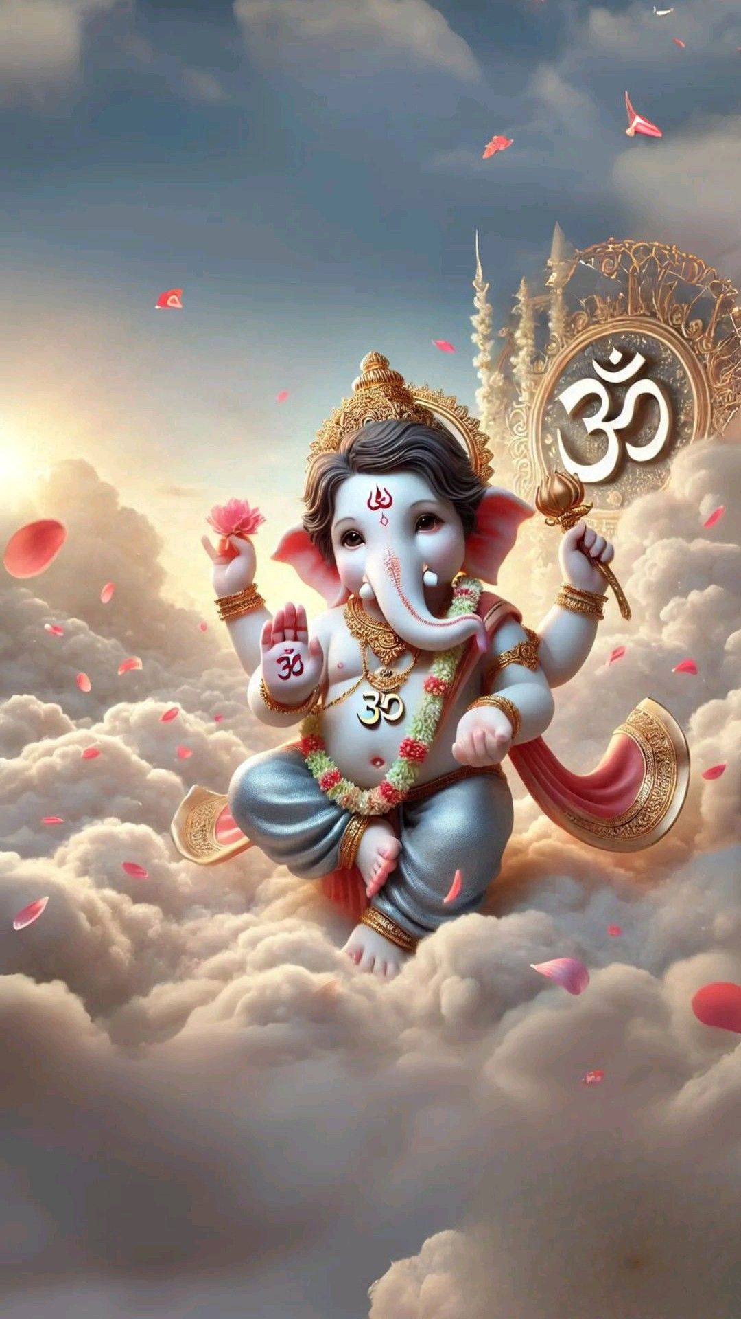 Lord Ganesha amidst clouds and flowers