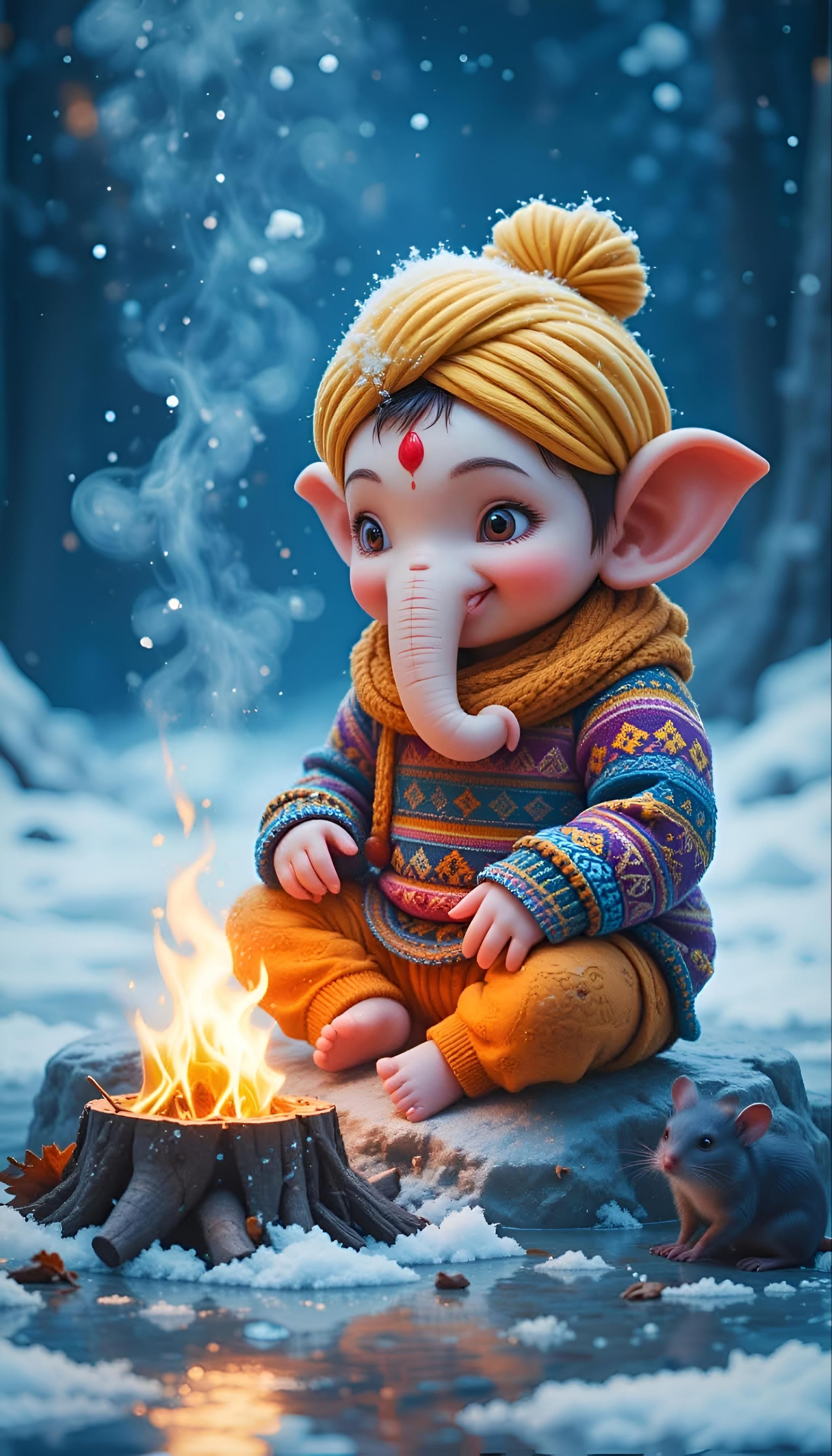 Baby Ganesha warming hands by fire