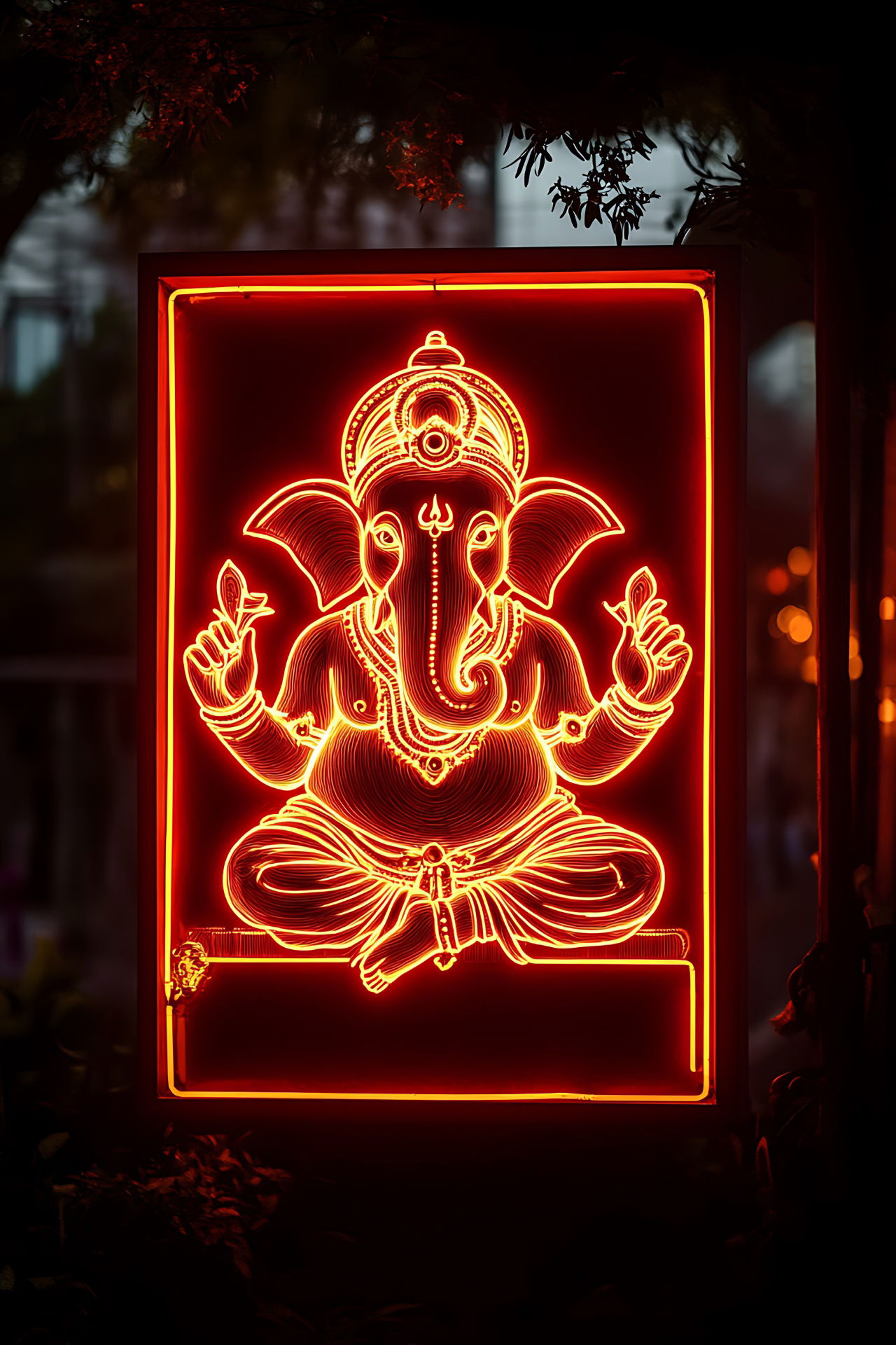 Radiant Ganesha in fiery neon light