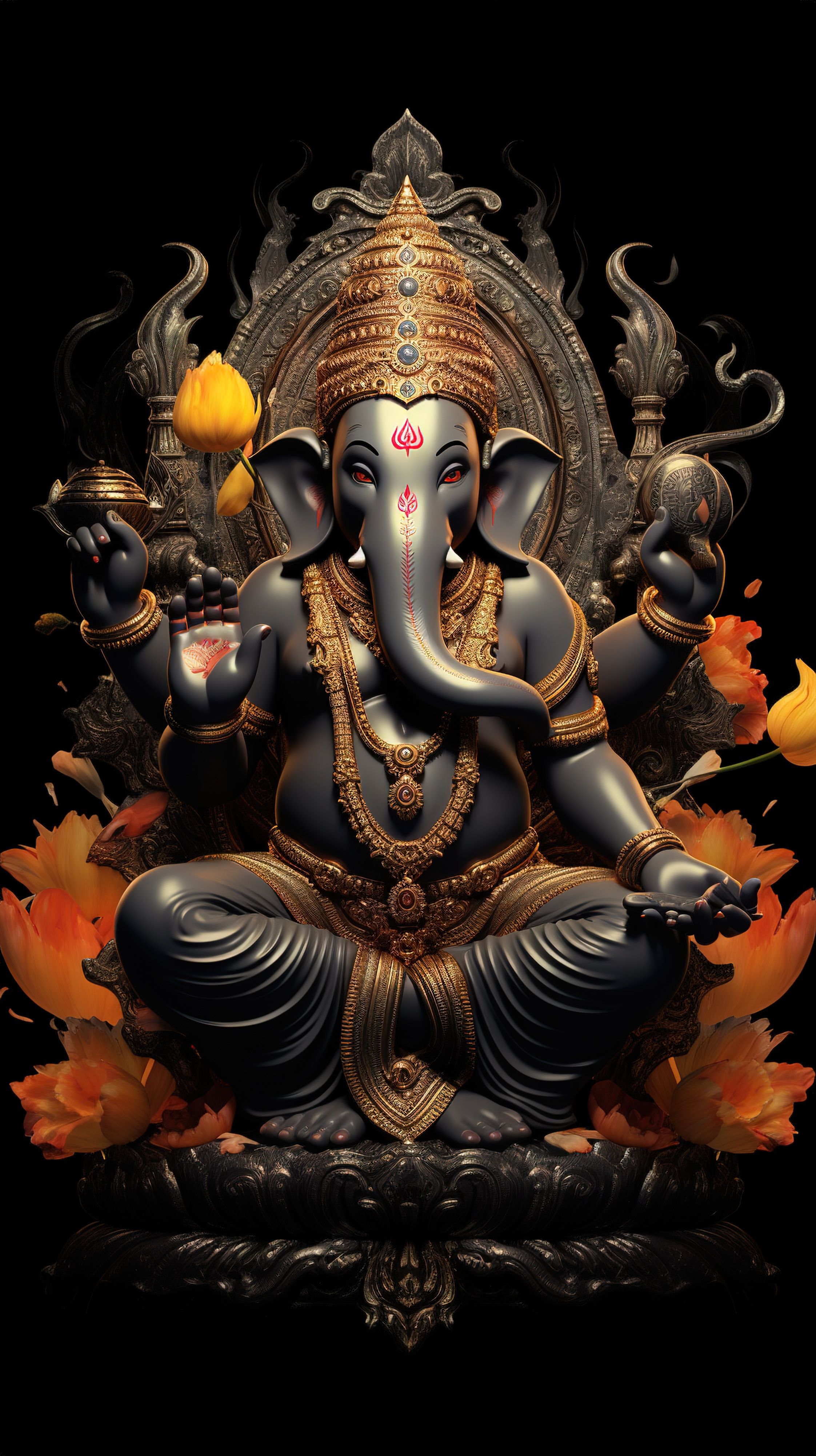 Lord Ganesha with lotus and golden ornaments