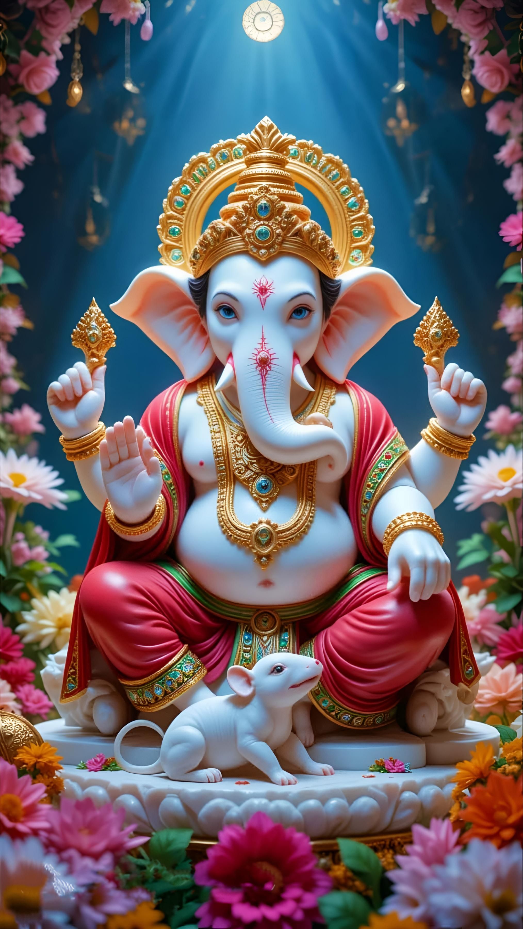 Lord Ganesha with mouse and flowers