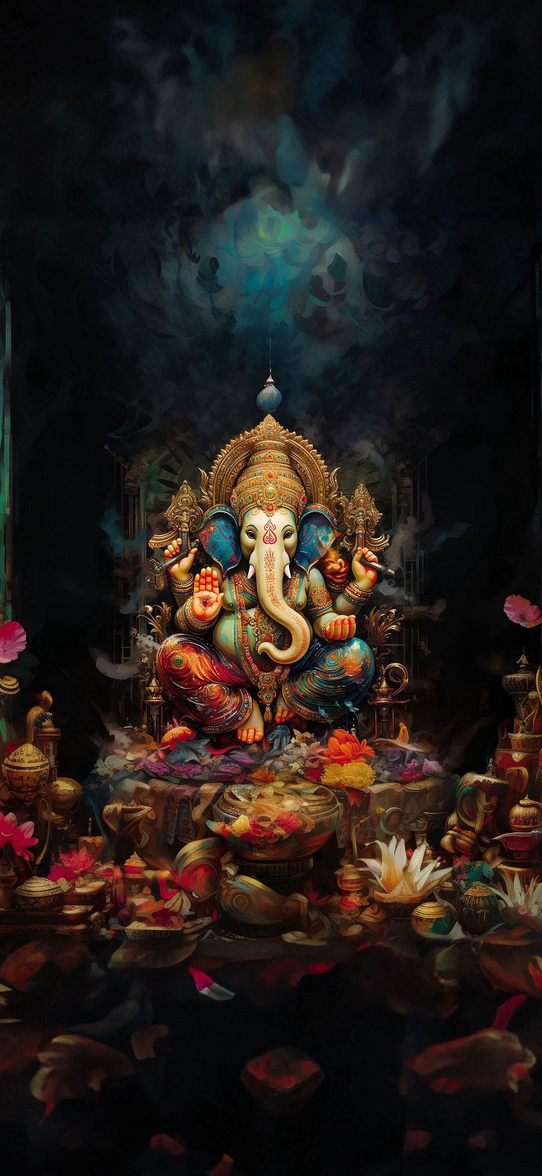 Lord Ganesha amidst flowers and offerings