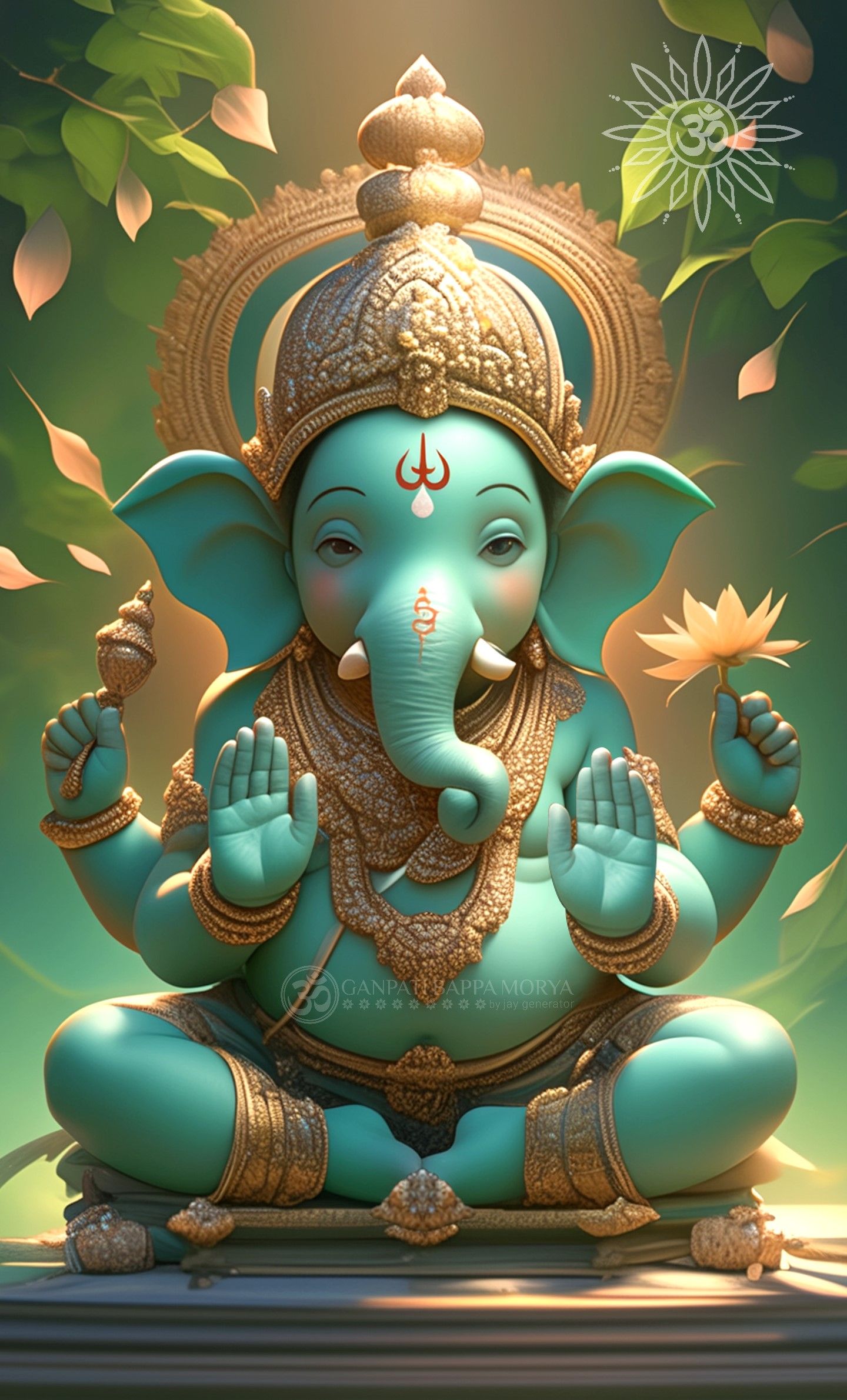 Lord Ganesha in emerald green, blessing pose