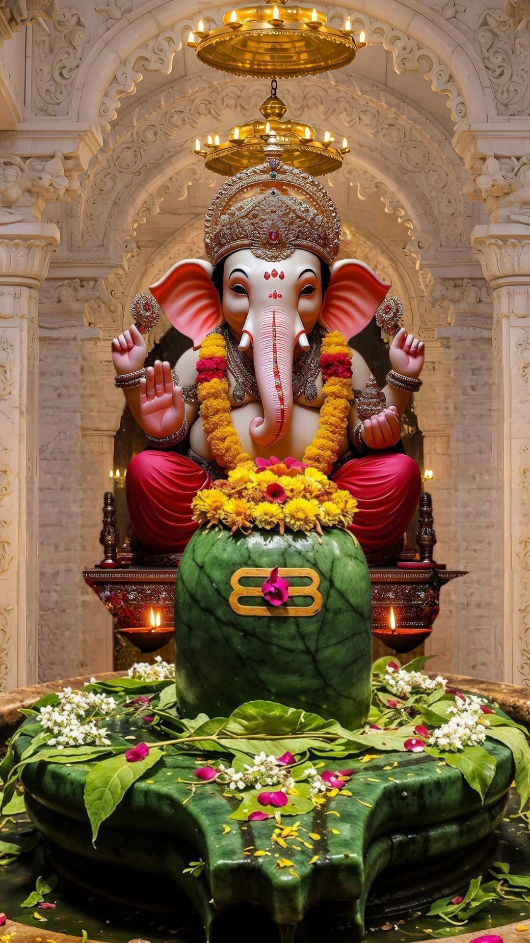 Lord Ganesha in a floral temple