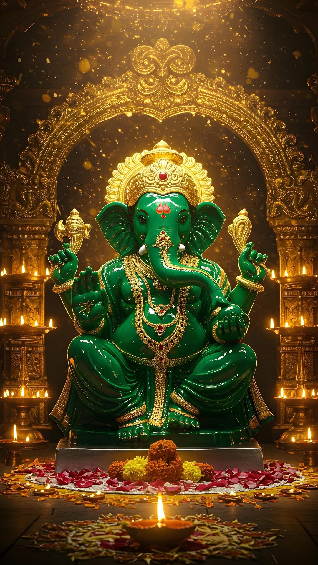 Green Ganesha idol with golden backdrop