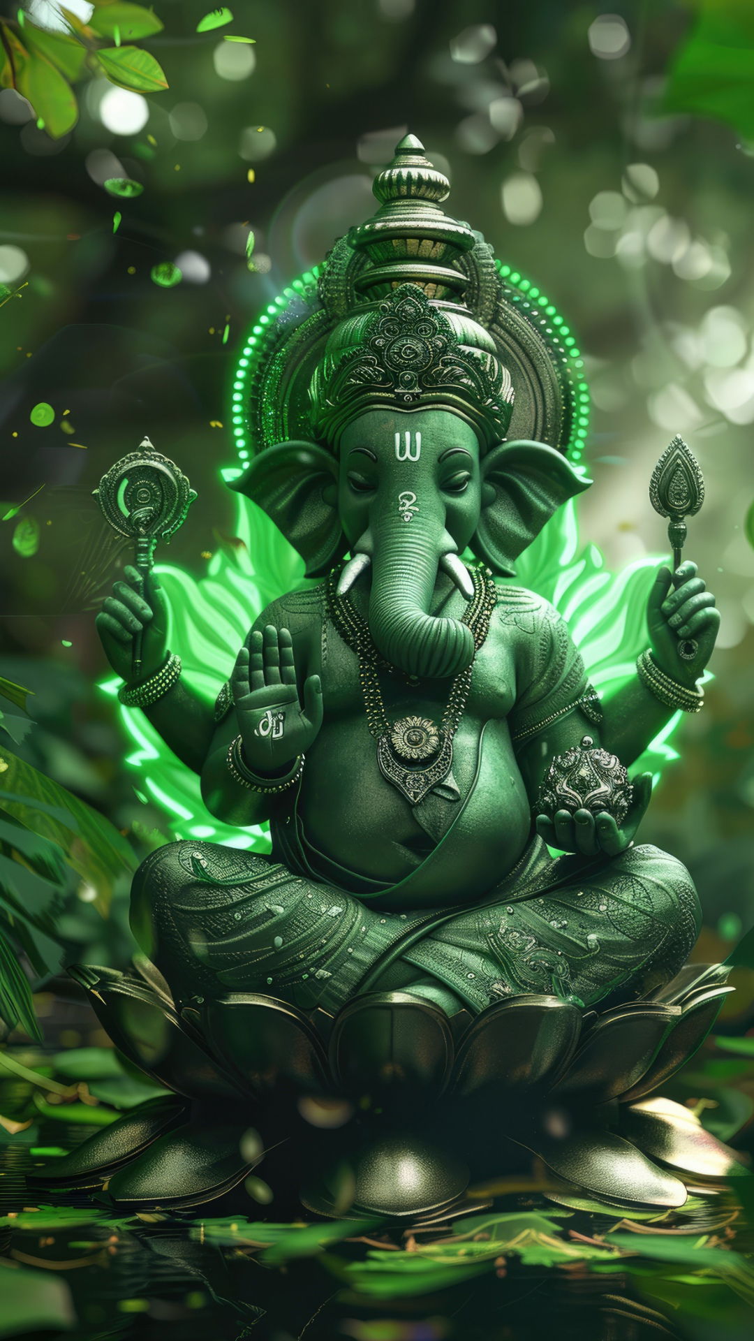 Green Ganesha bestows blessings upon devotees.