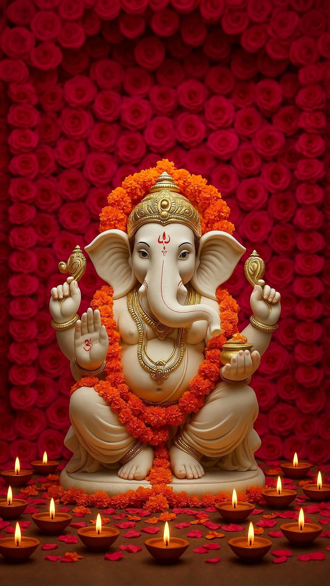 Ganesha with flowers and diyas.