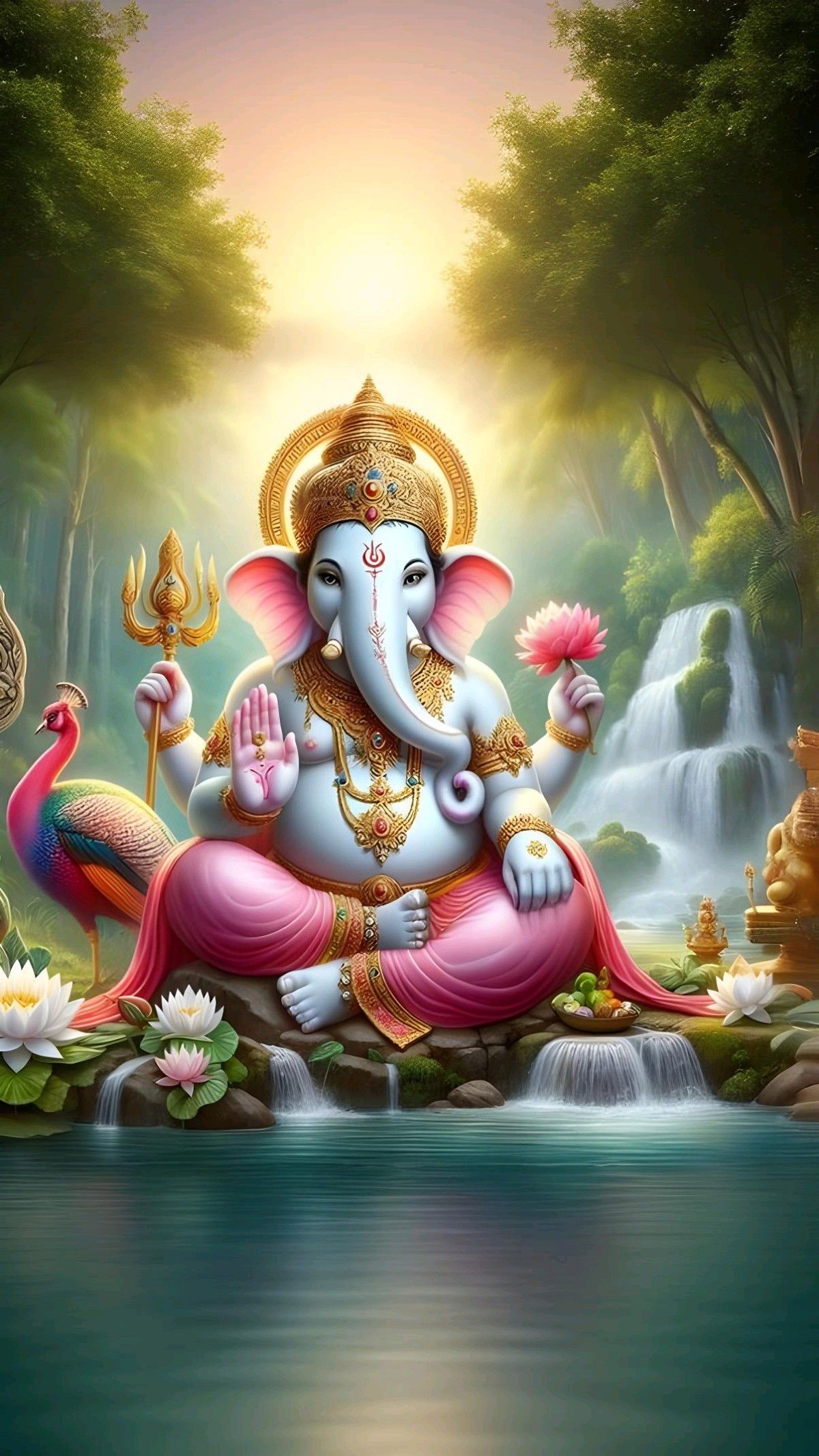 Ganesha amidst waterfall and forest.