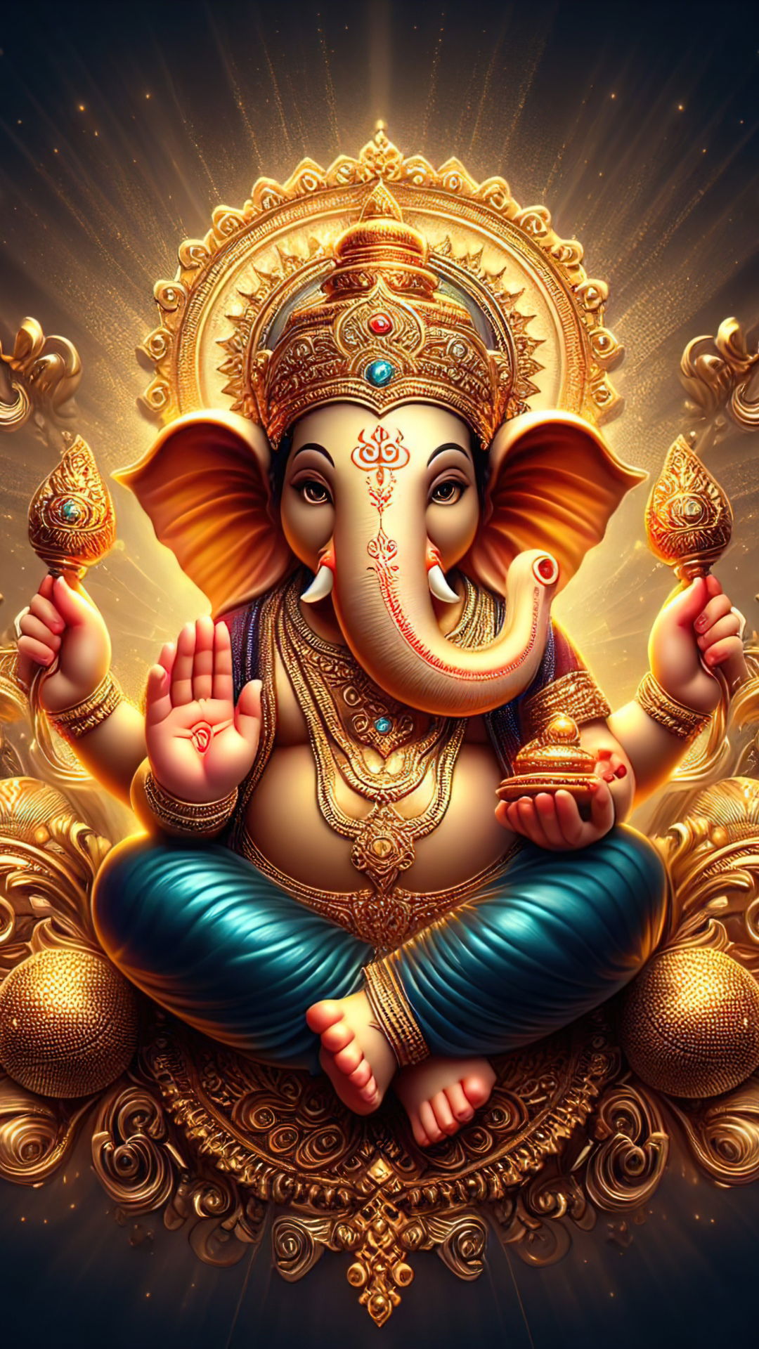 Golden Ganesha with raised hands blessing