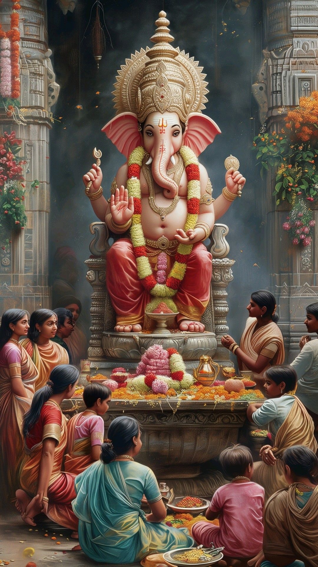 Lord Ganesha with devotees in temple.