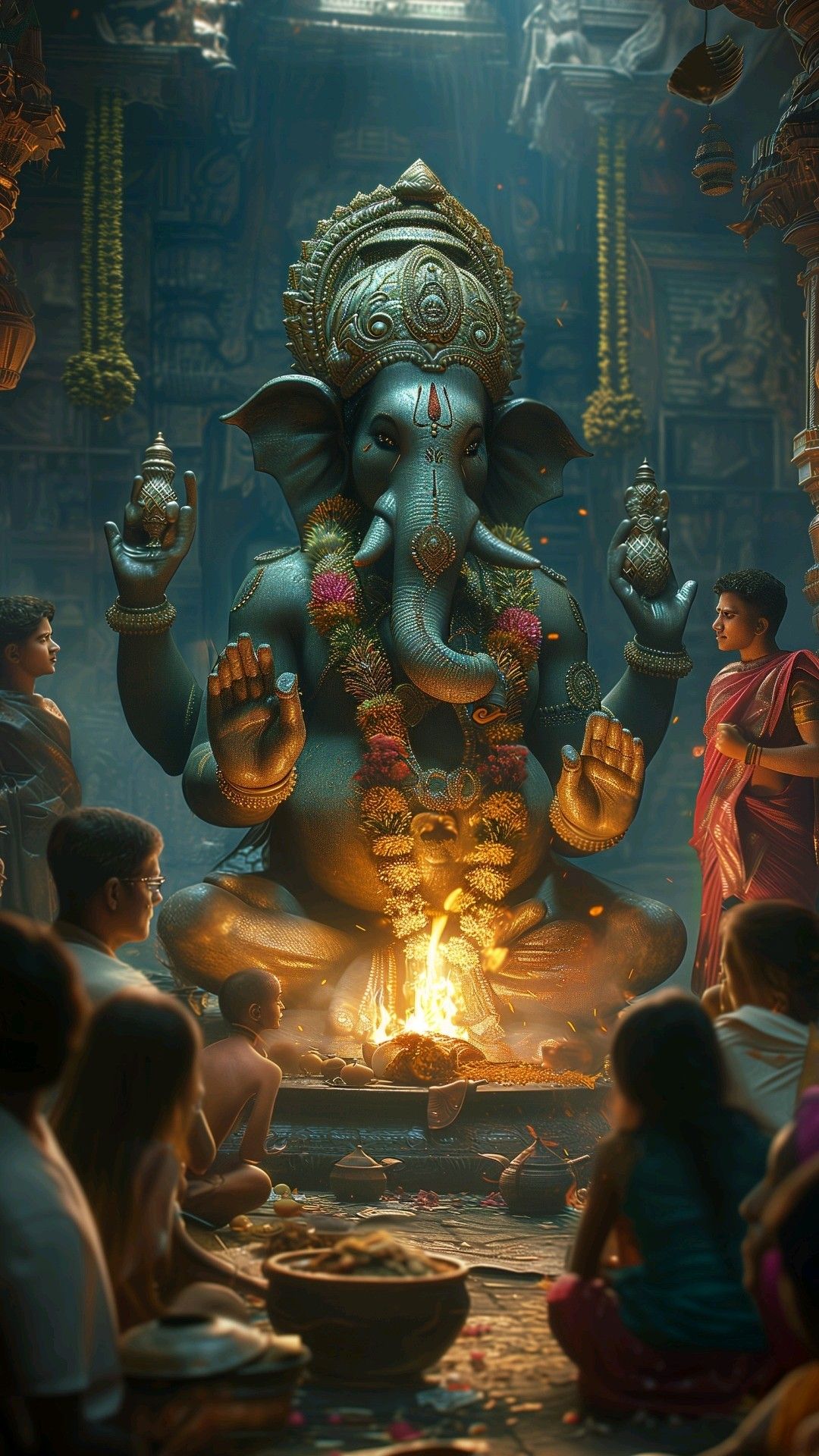Majestic Ganesha surrounded by devotees.