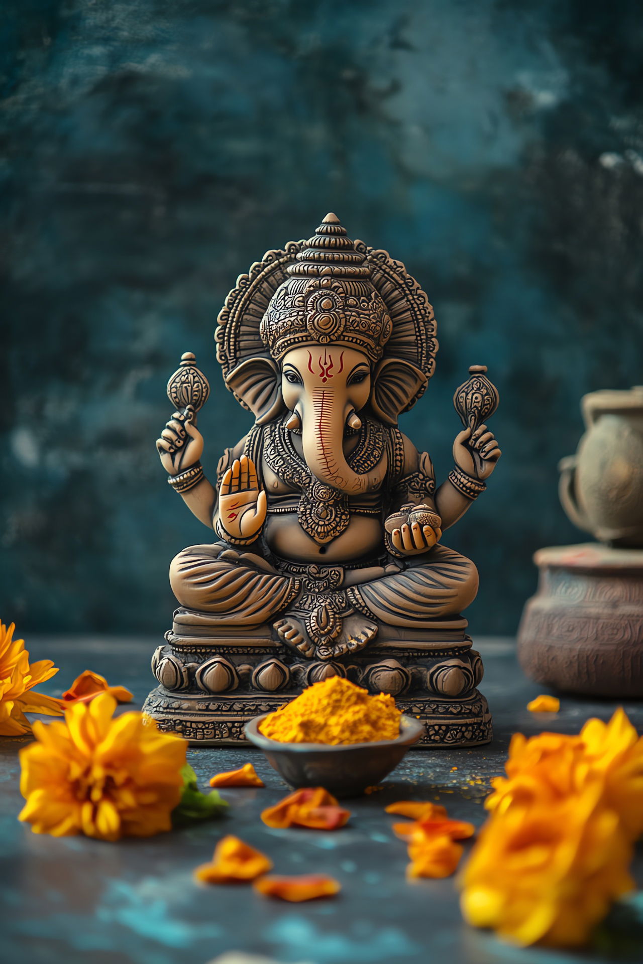 Lord Ganesha with modak and flowers