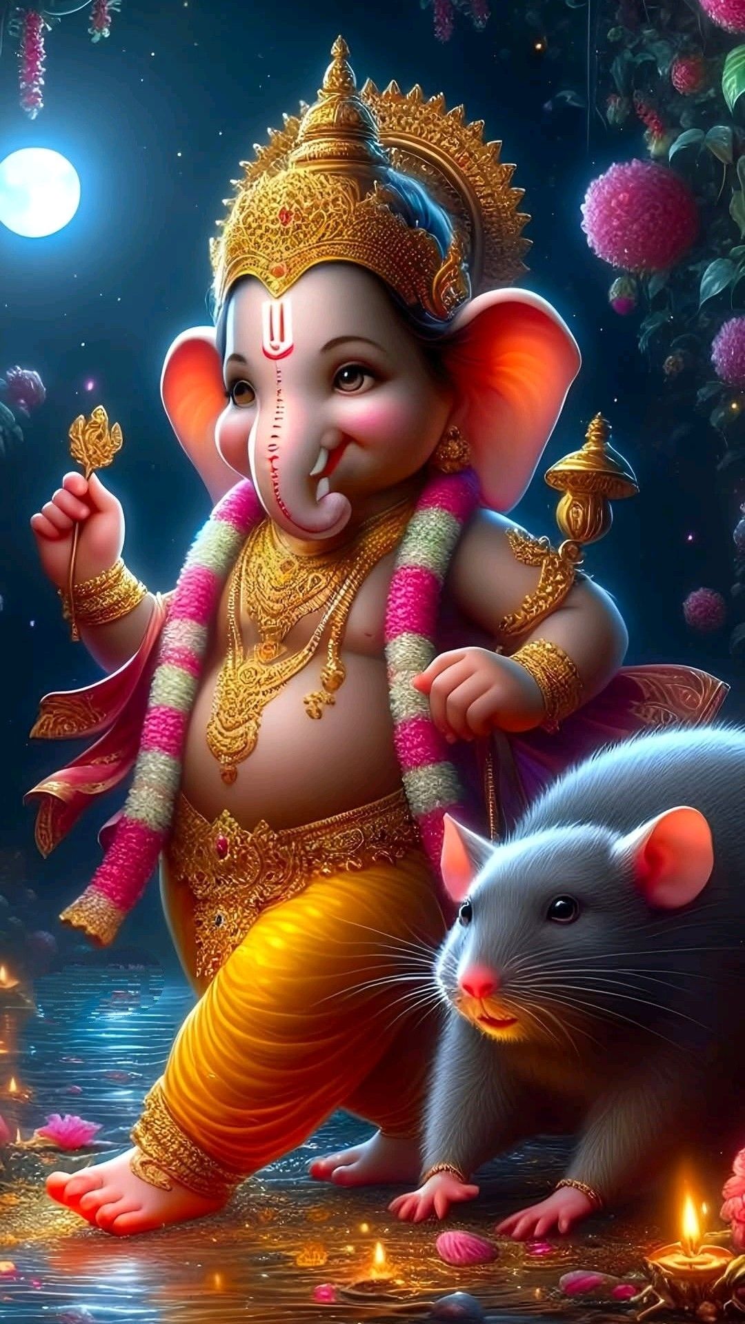 Lord Ganesha with mouse and lotus flower