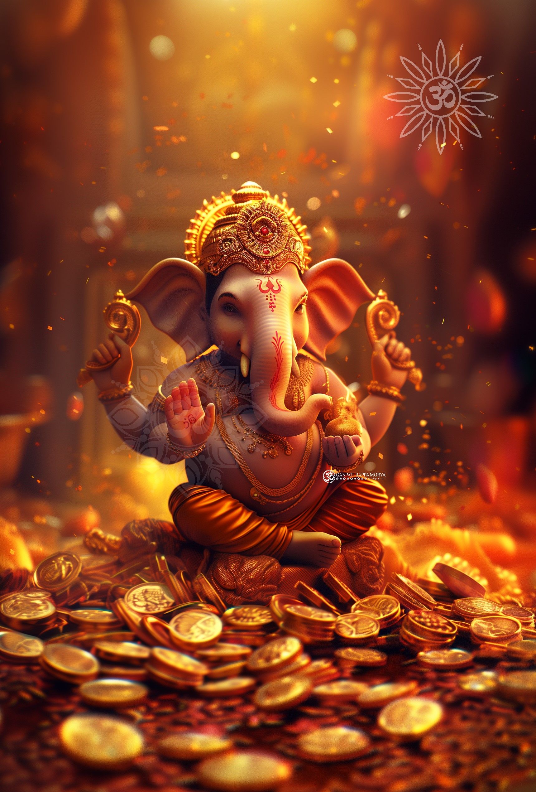 Lord Ganesha surrounded by gold coins
