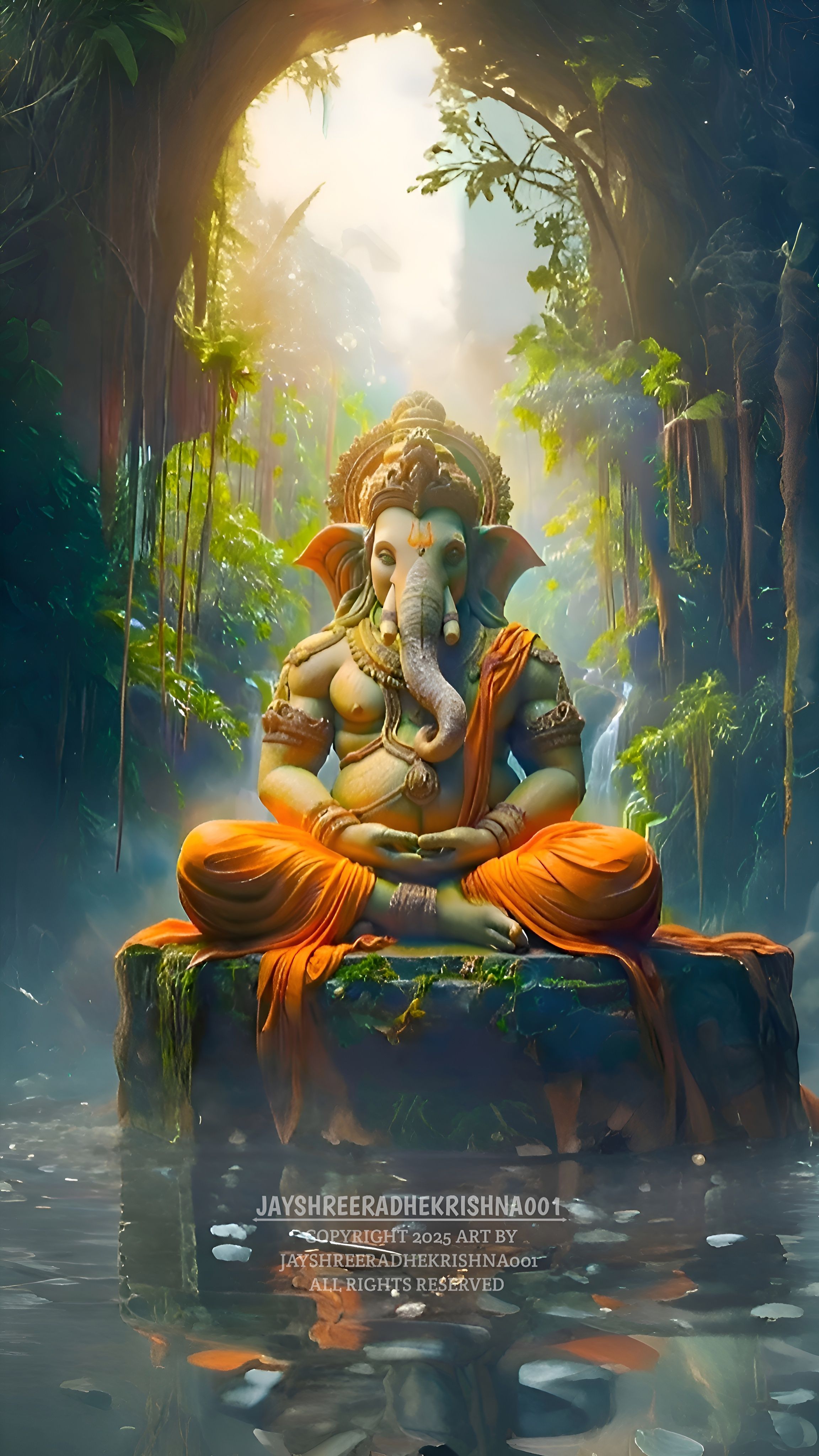 Lord Ganesha meditating in a forest