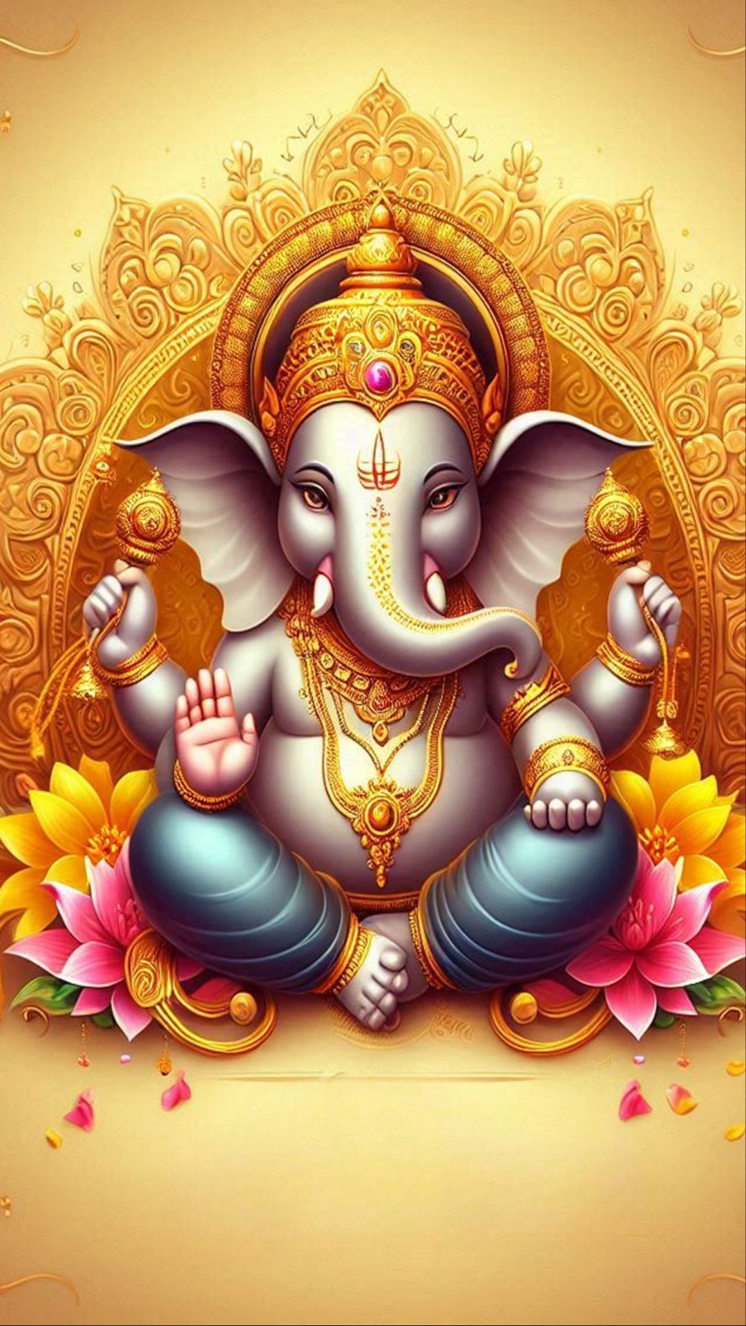 Golden Ganesha with lotus flowers
