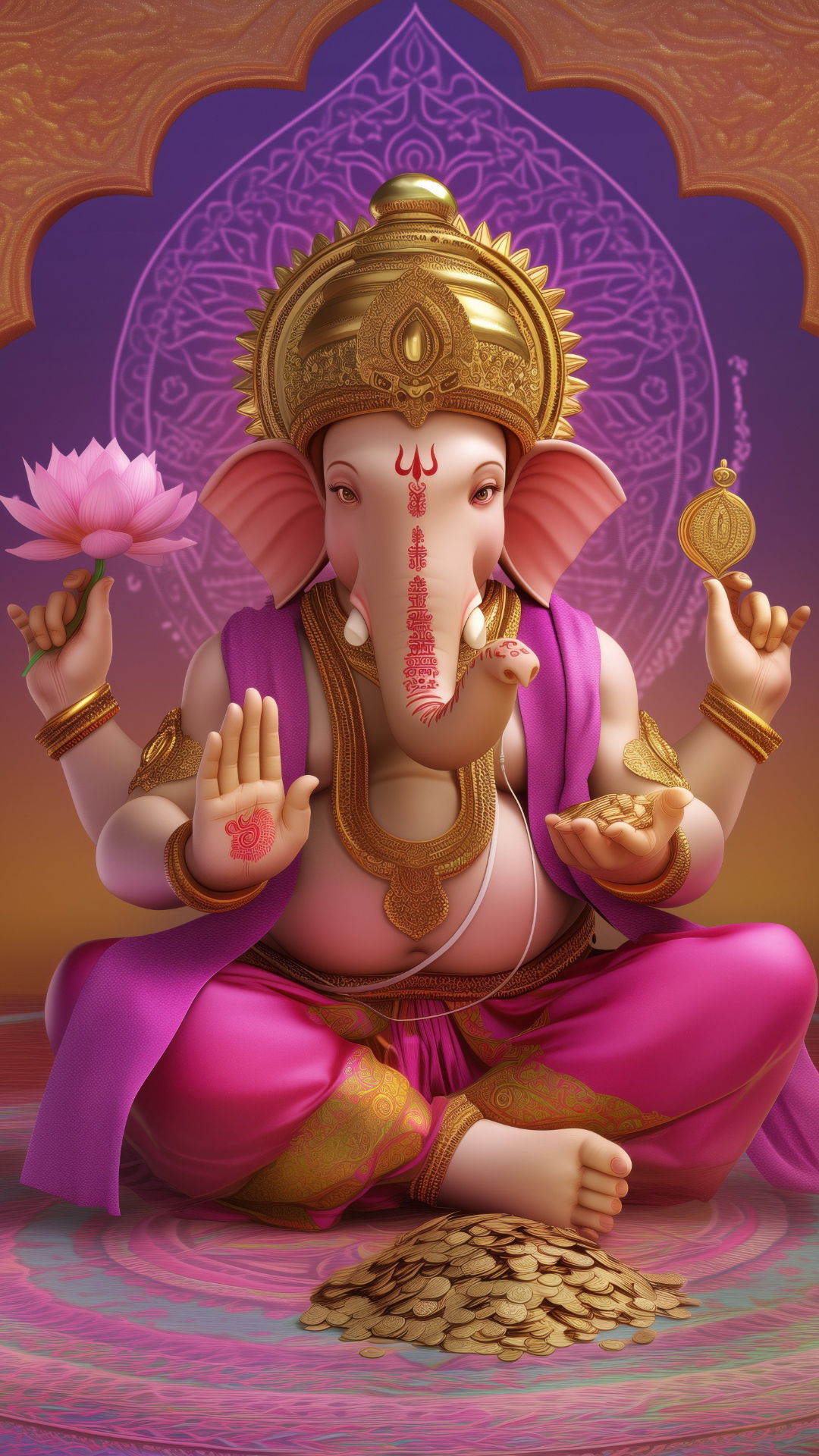 Golden Ganesha with lotus and modak.