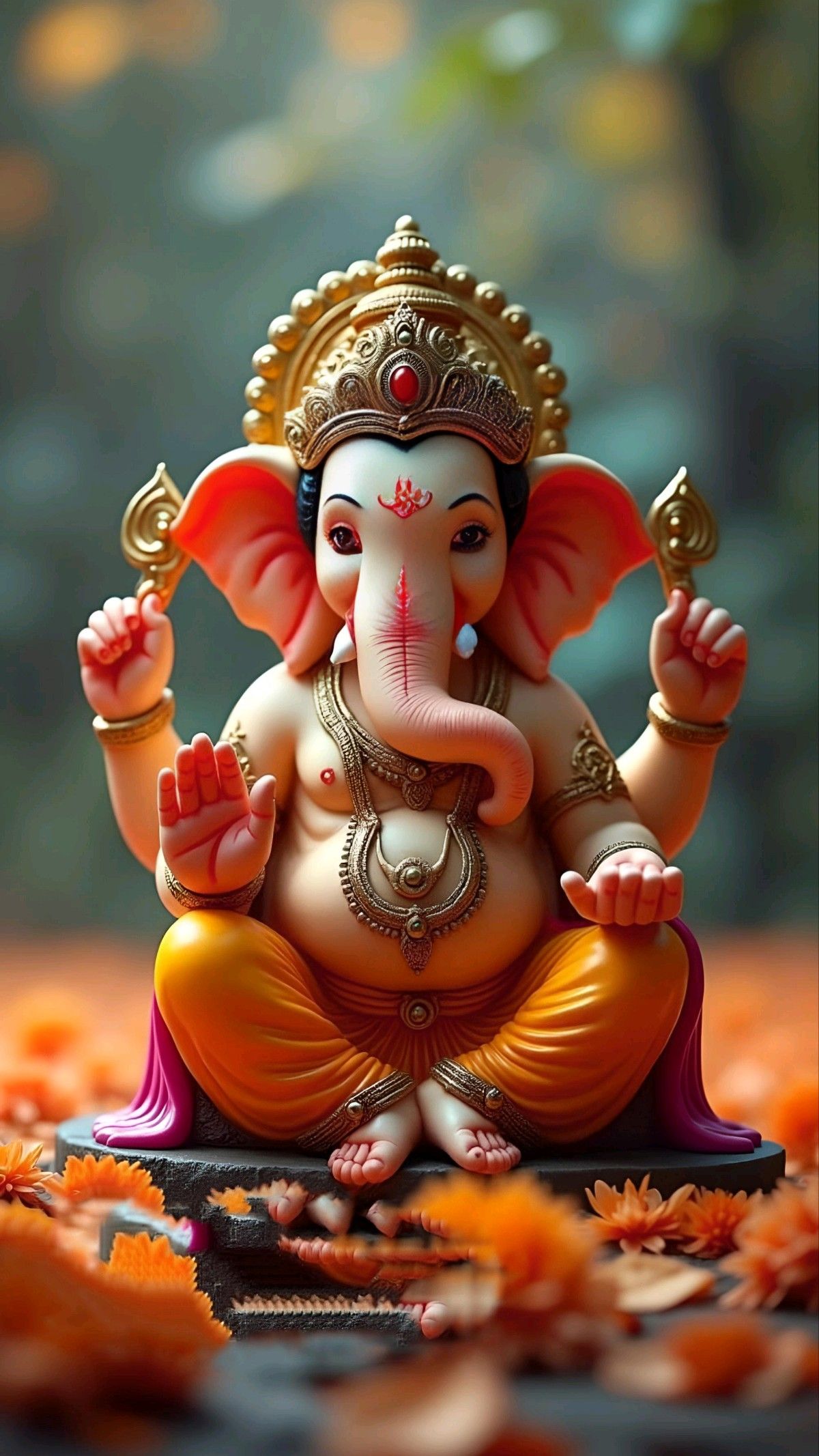 Golden Ganesha idol with floral offering