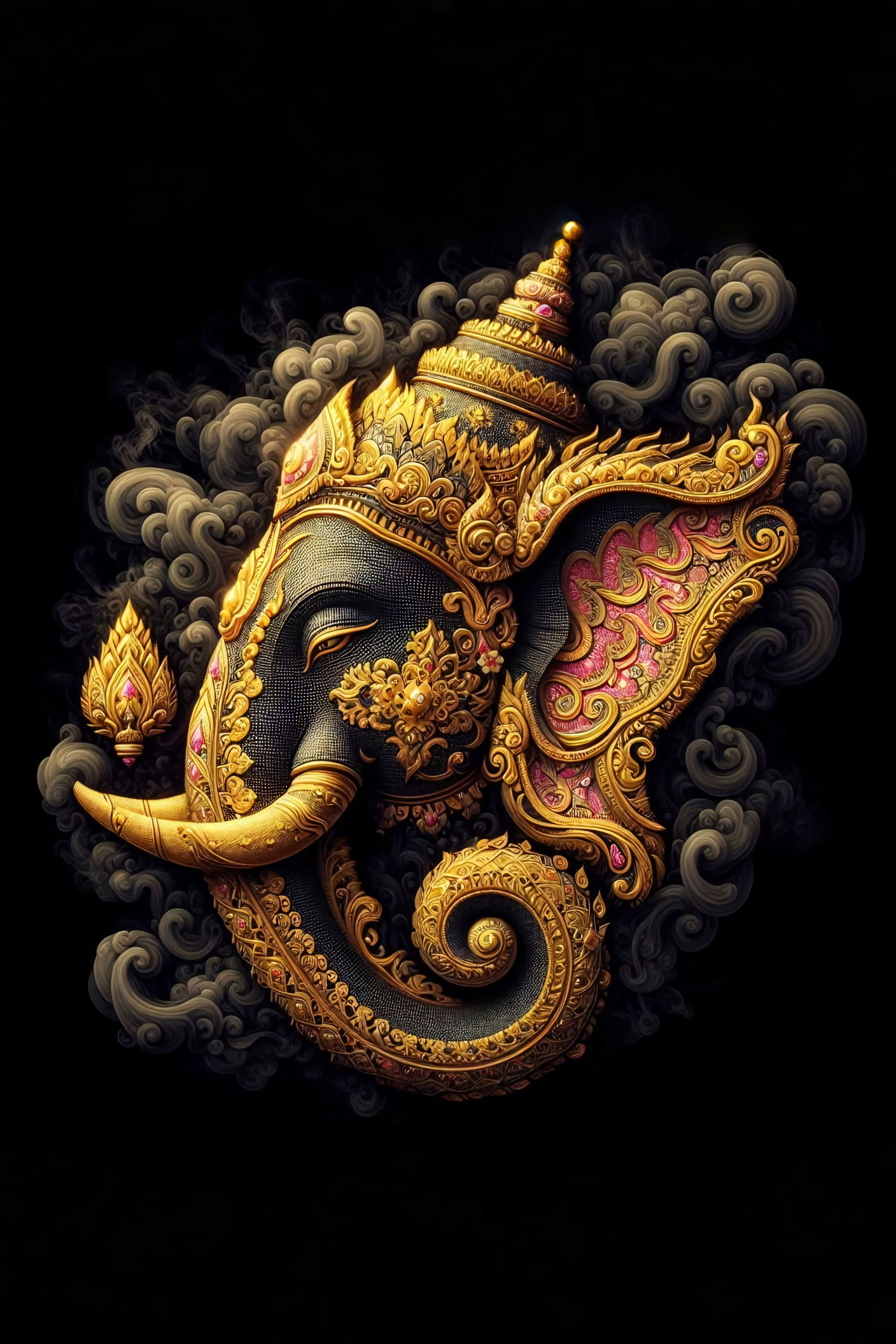 Golden Ganesha head, intricate details