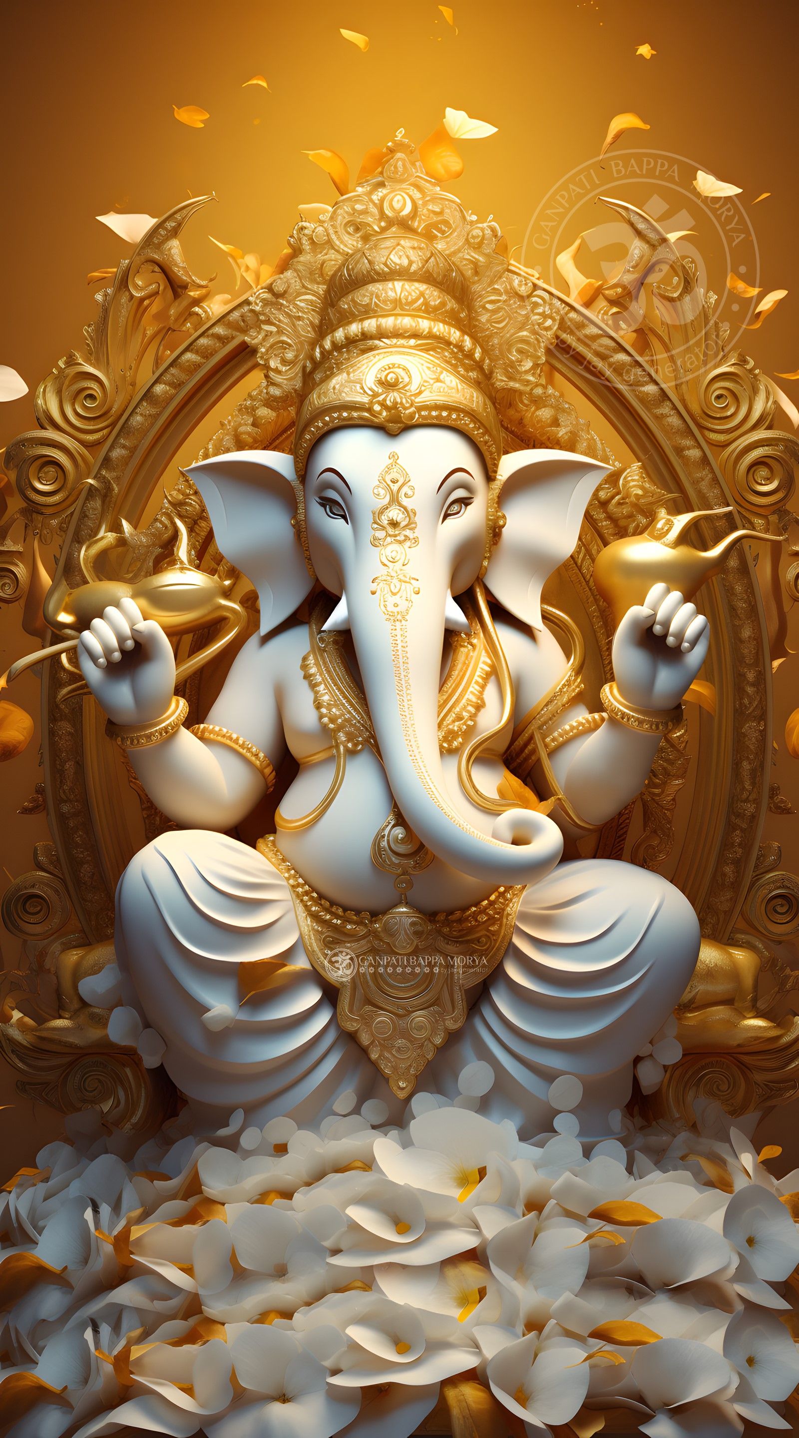 Golden Ganesha idol with floral decorations