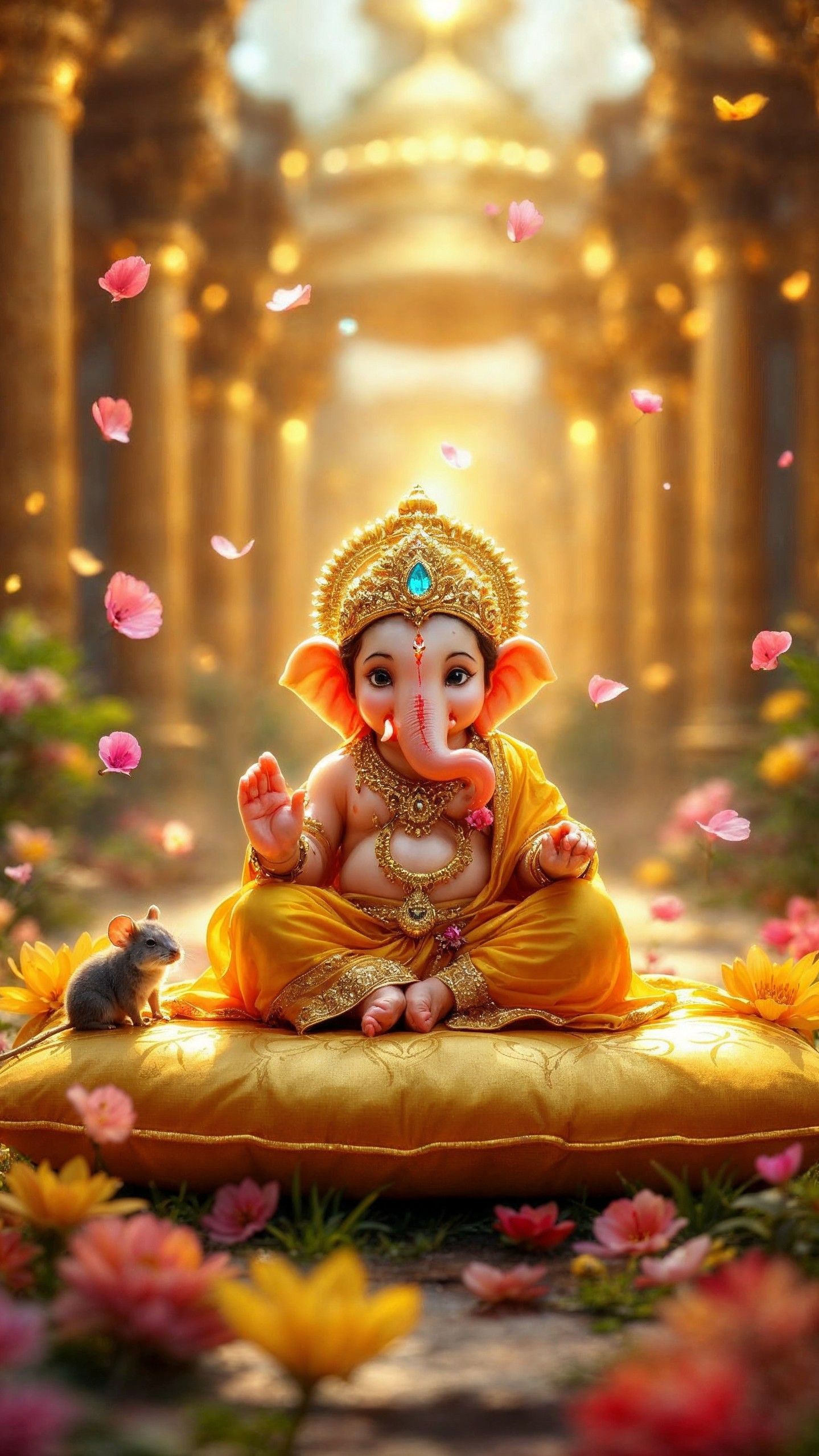 Lord Ganesha amidst falling pink flowers