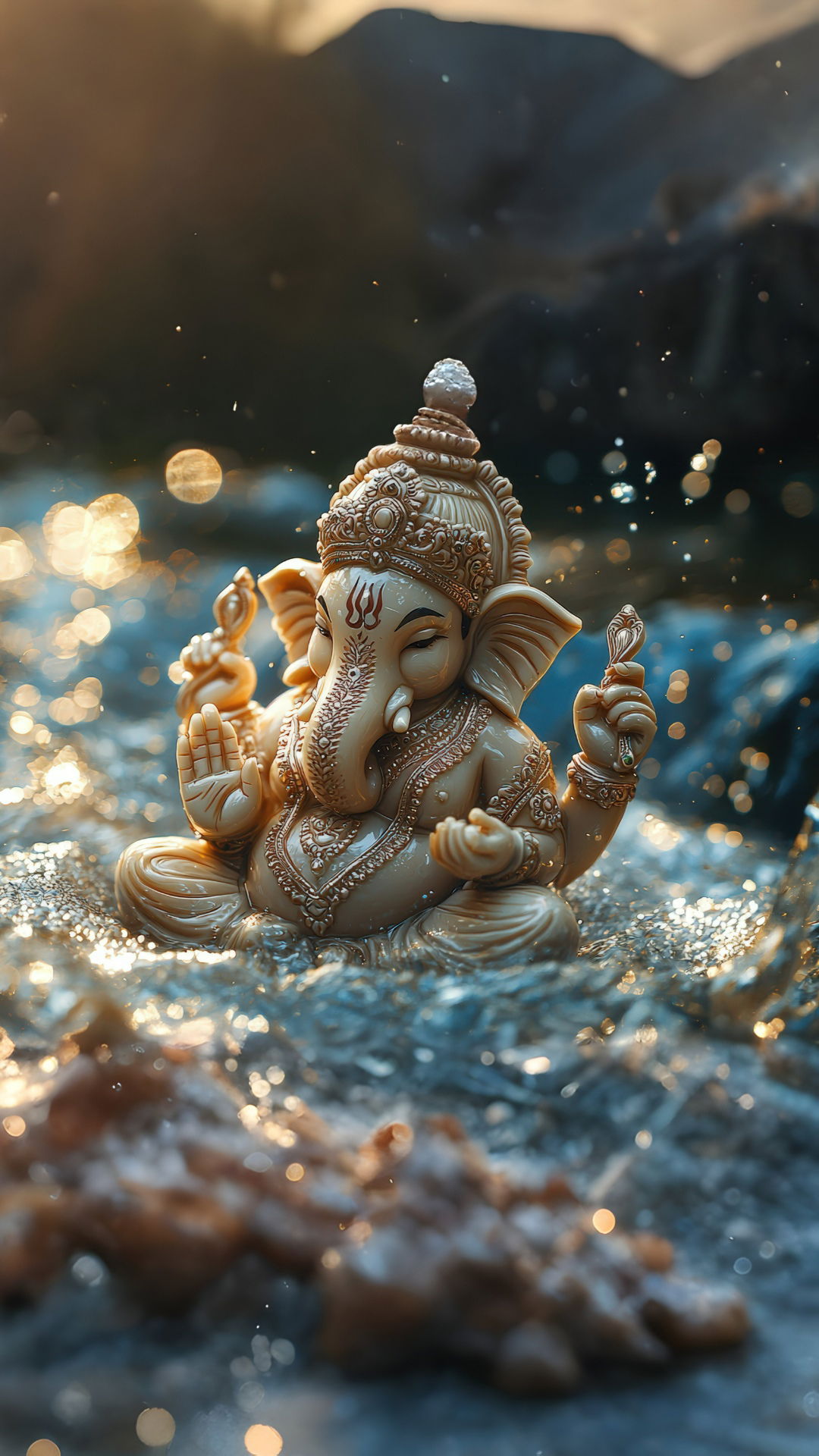 Golden Ganesha emerging from sparkling water.
