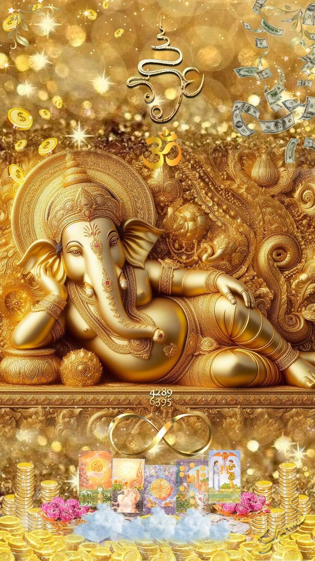 Golden Ganesha surrounded by wealth symbols