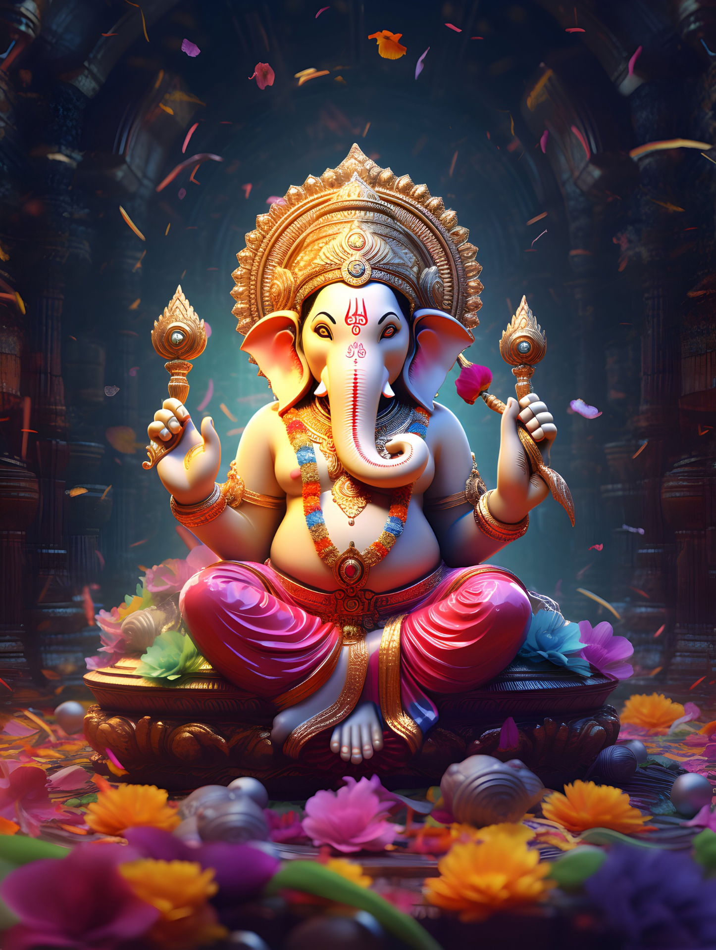 Golden Ganesha with lotus and flowers