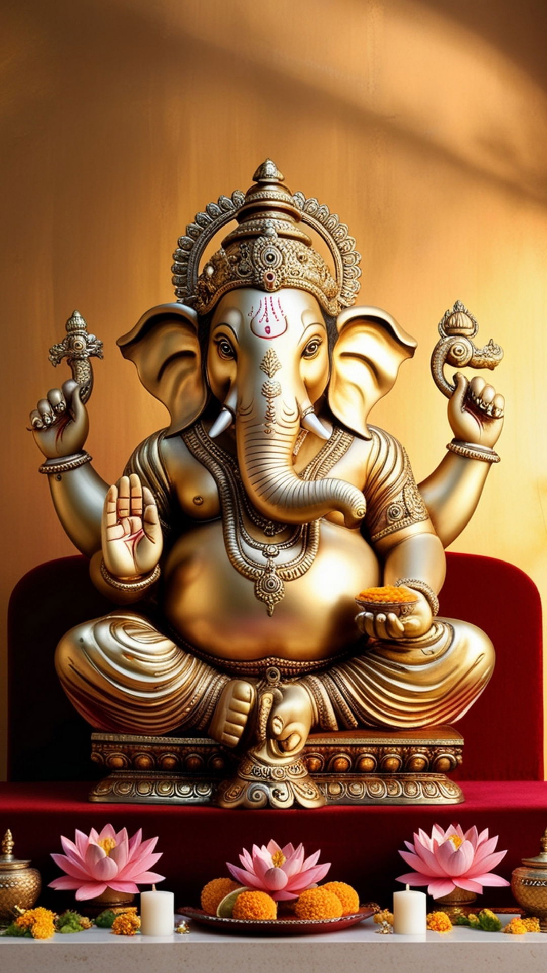 Golden Ganesha with lotus flowers