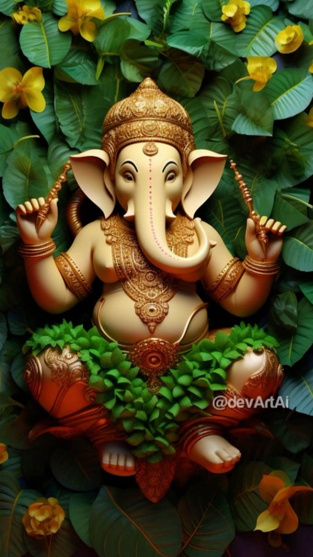 Golden Ganesha amidst lush floral background