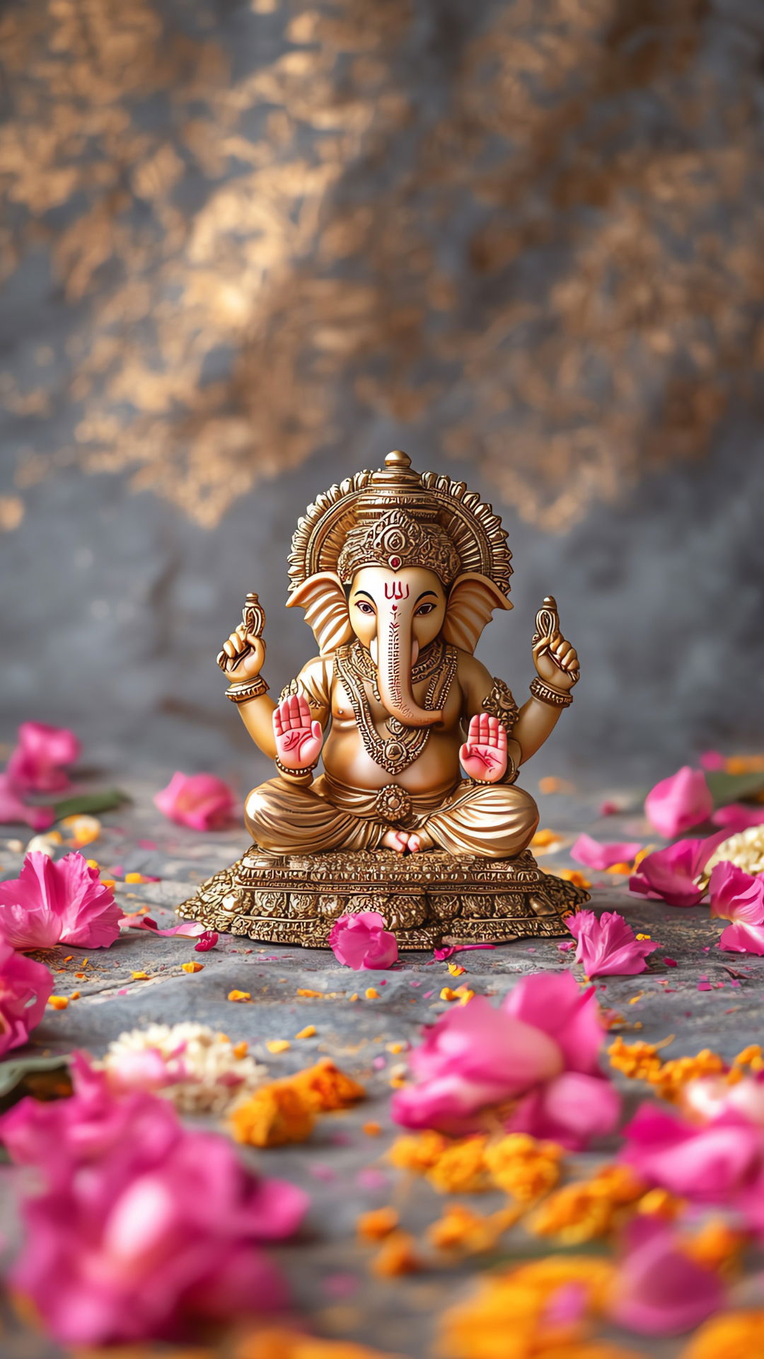 Golden Ganesha idol with pink flowers