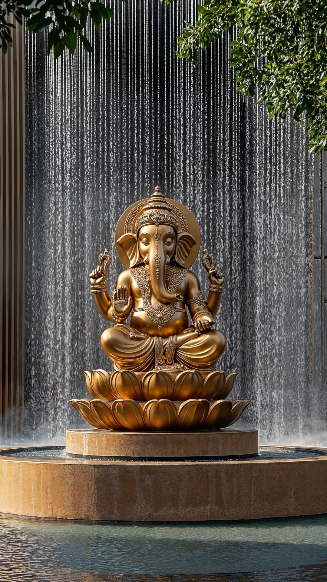 Golden Ganesha statue amidst cascading water.