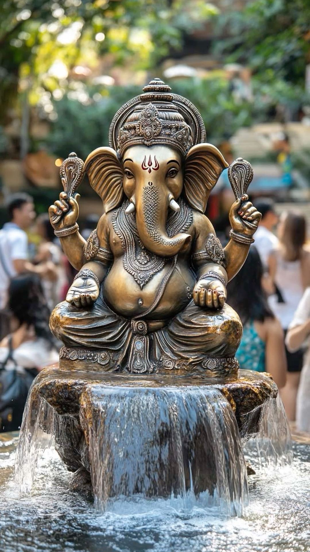 Golden Ganesha statue with flowing water