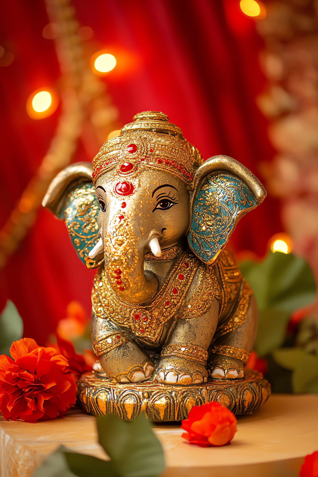 Golden Ganesha statue with red flowers
