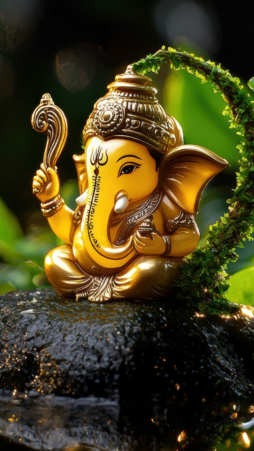 Golden Ganesha statue with floral backdrop