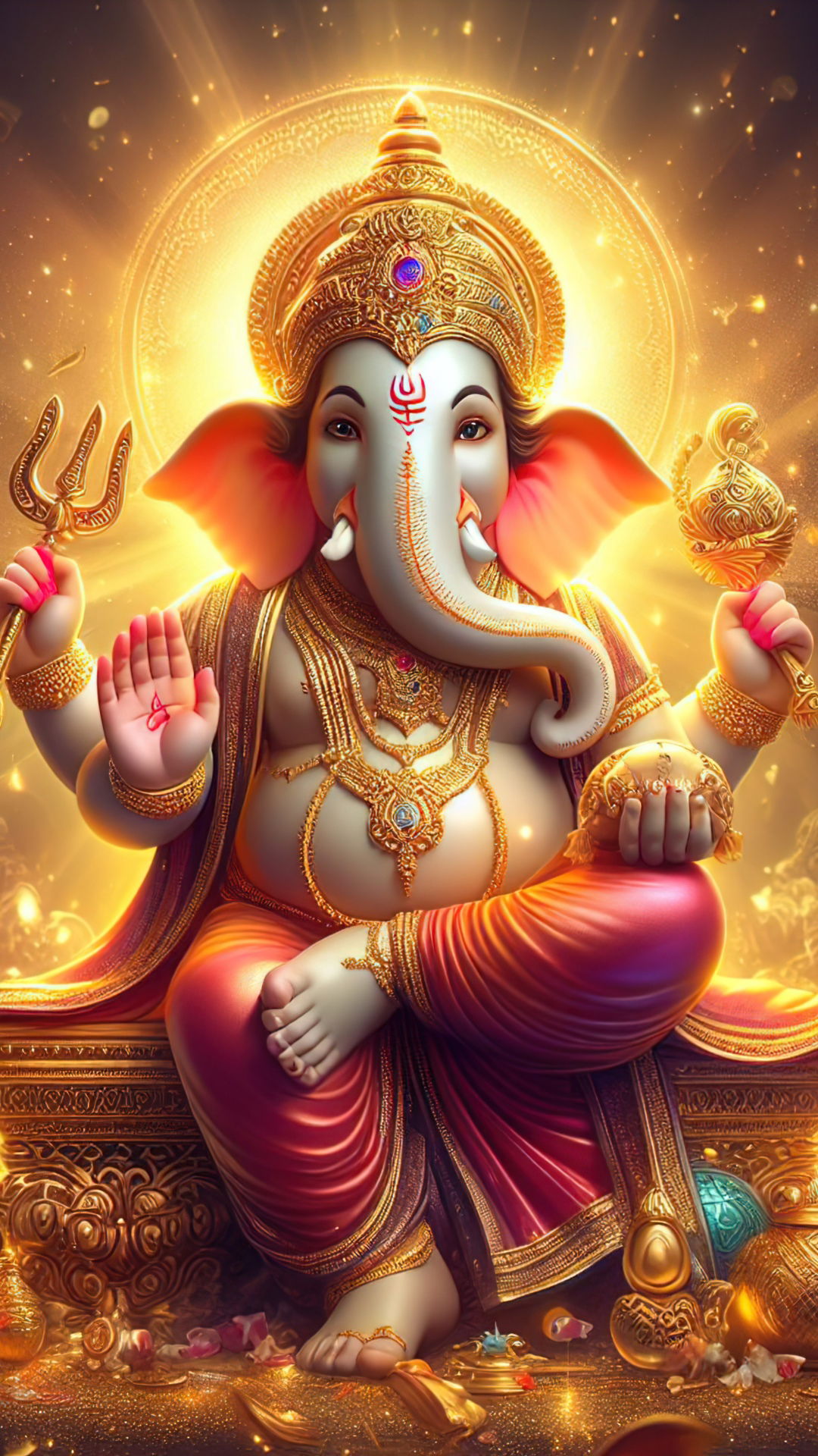 Golden Ganesha with modak and blessing