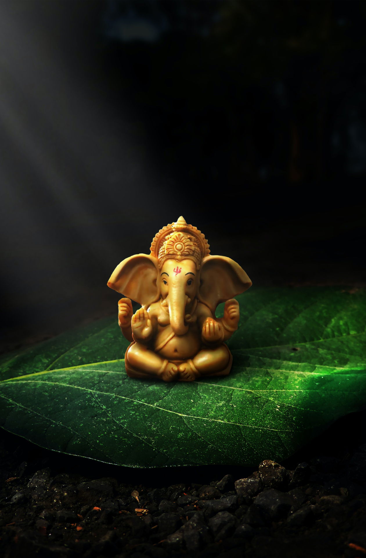 Golden Ganesha idol on green leaf
