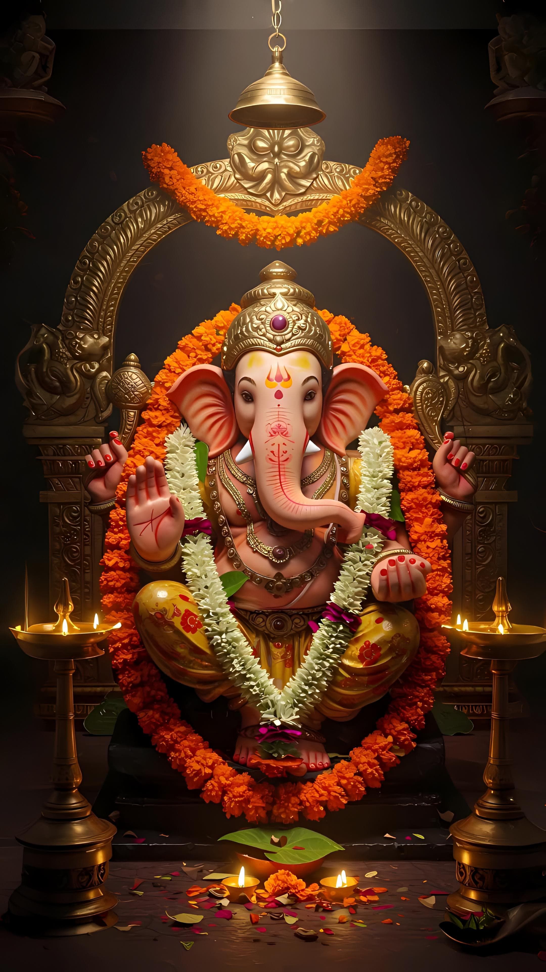 Golden Ganesha with floral decorations