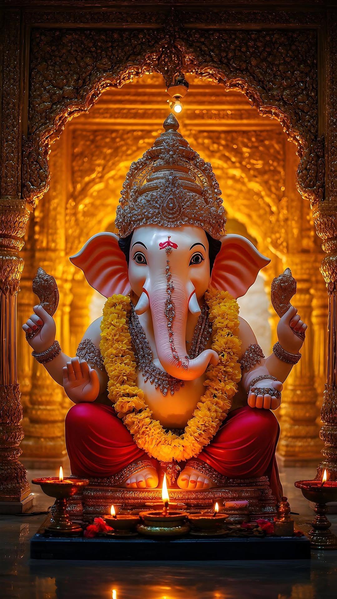 Golden Ganesha idol in temple setting