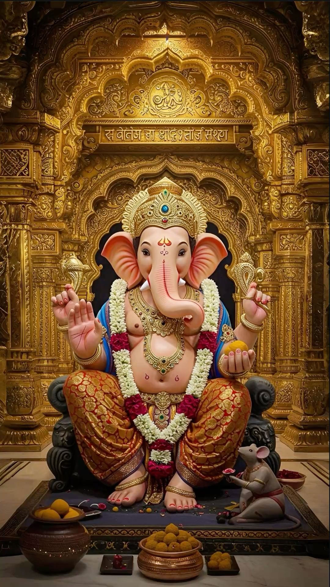 Golden Ganesha idol with offerings