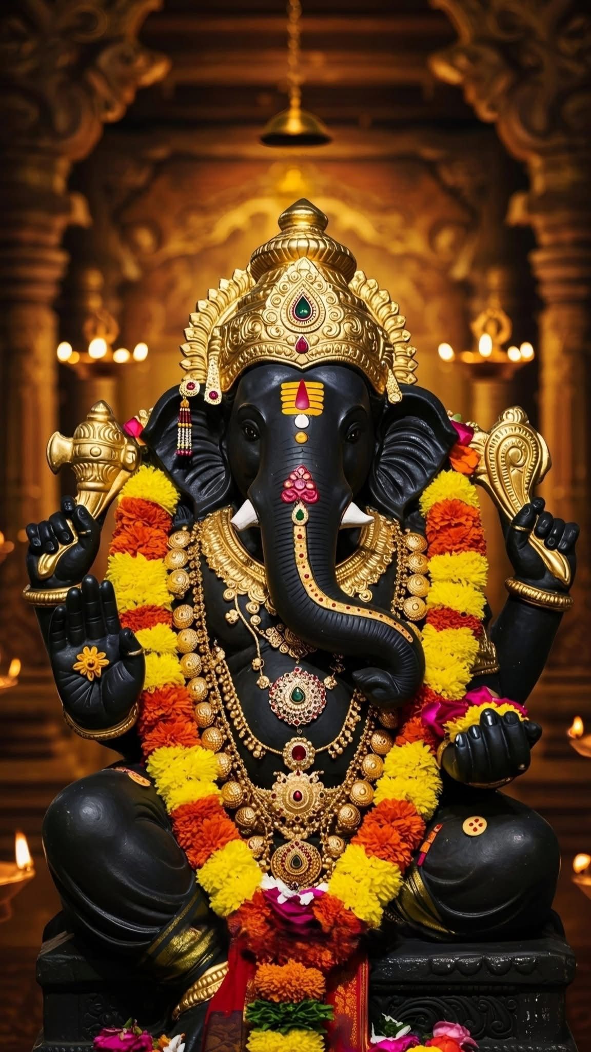 Golden Ganesha idol in a temple.