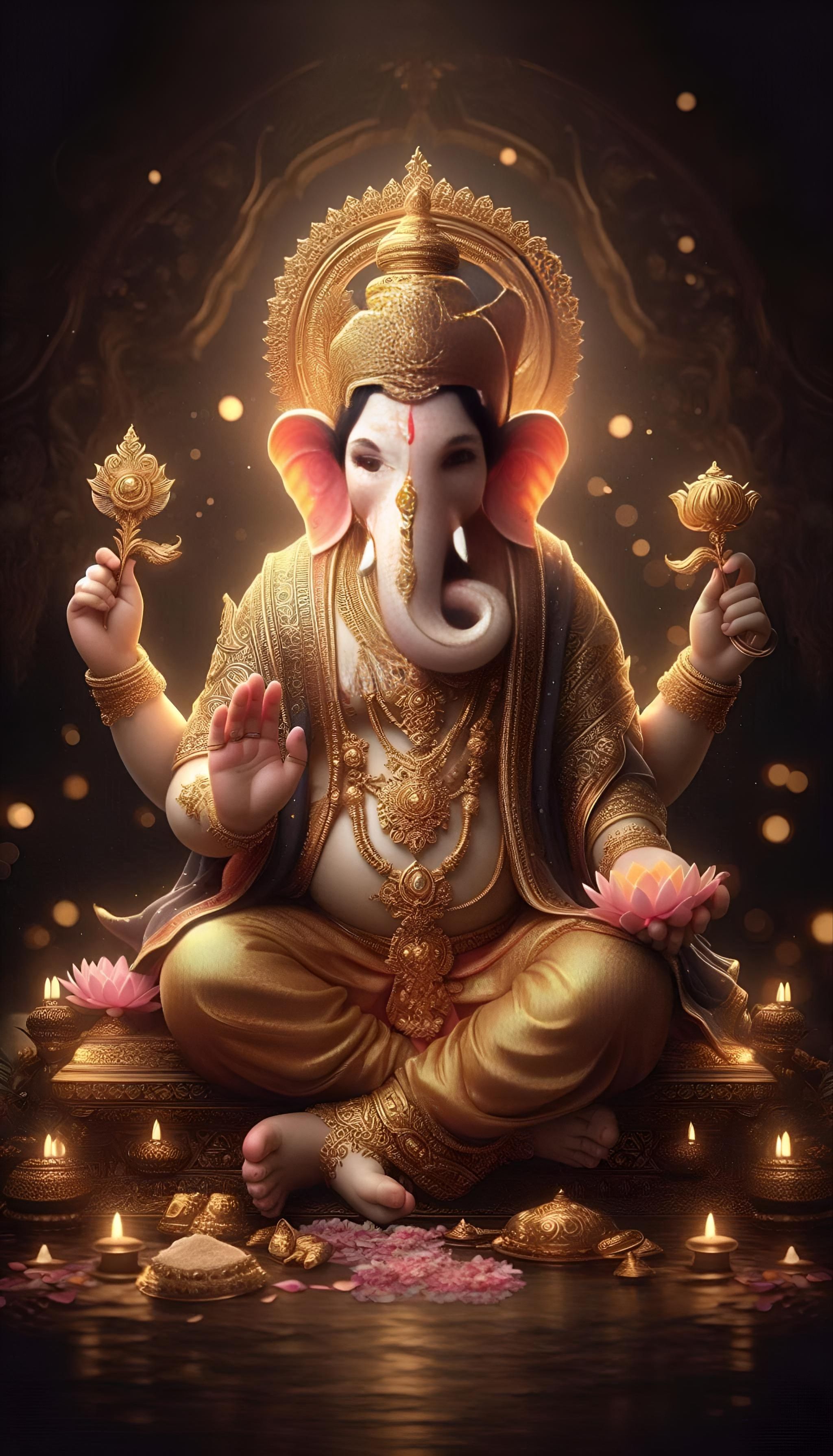 Golden Ganesha amidst lotuses and diyas