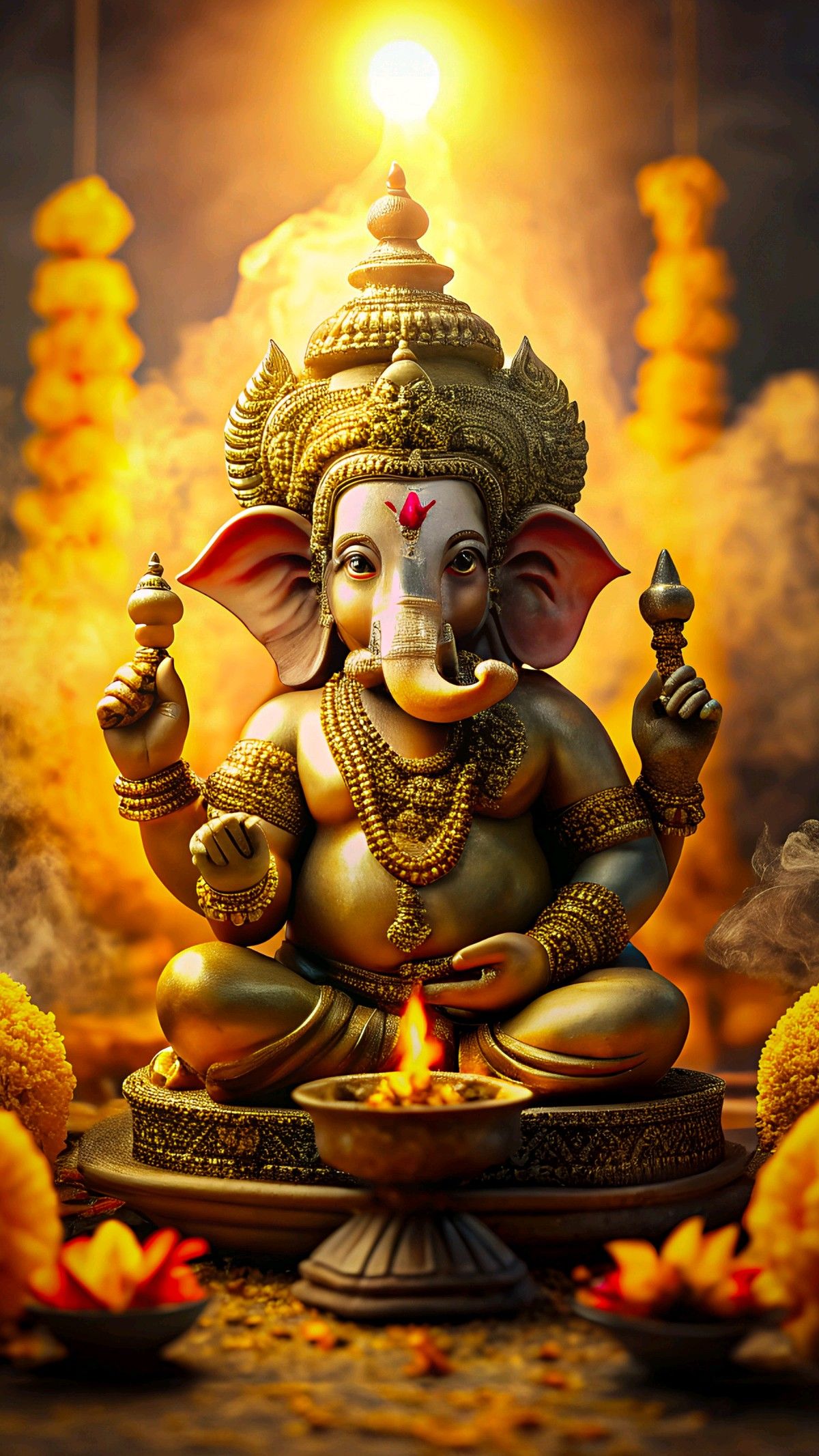 Golden Ganesha with marigold garland